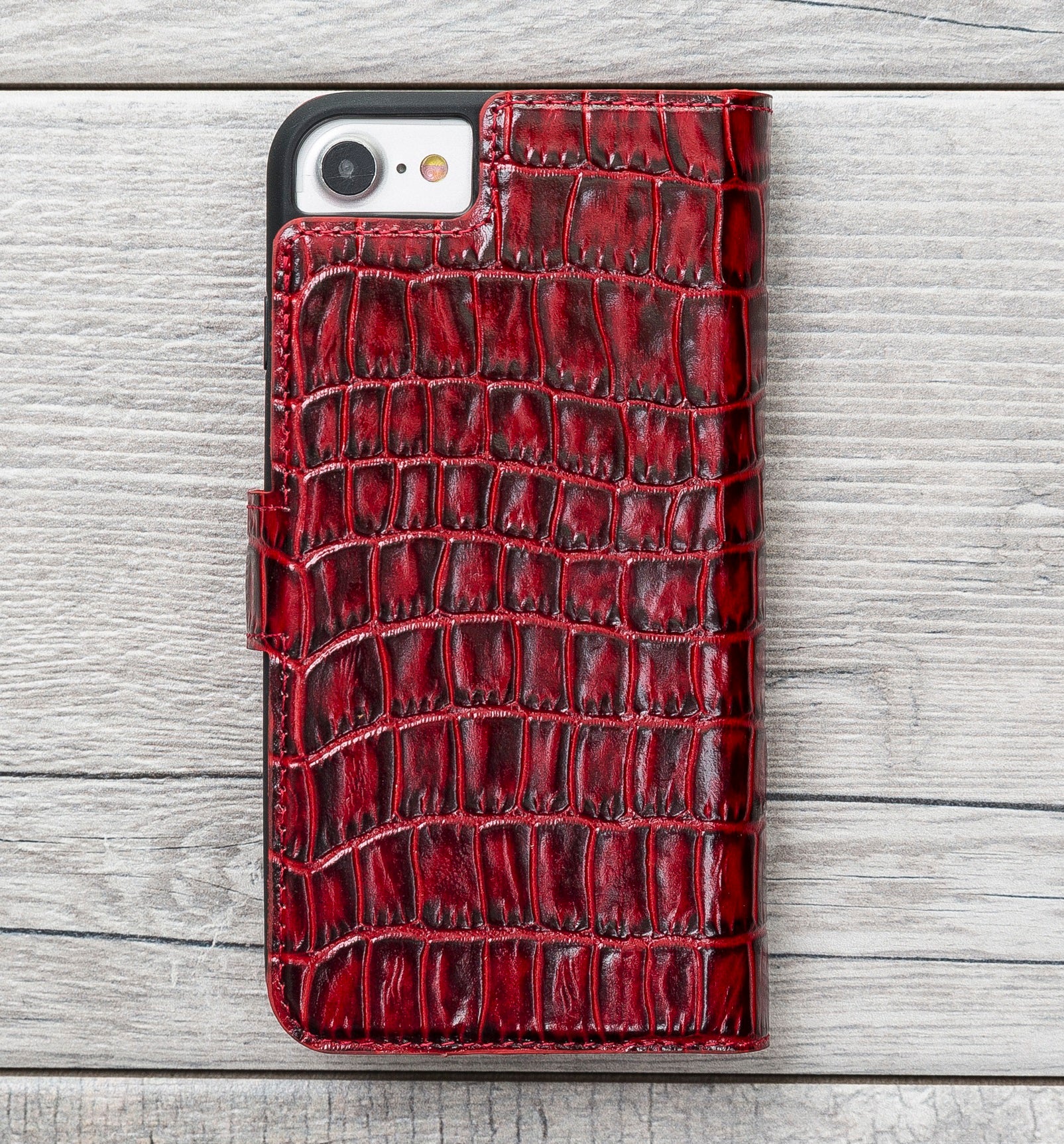 Red Croco Pattern Magnetic Genuine Leather Wallet Case for iPhone SE-2/7/8