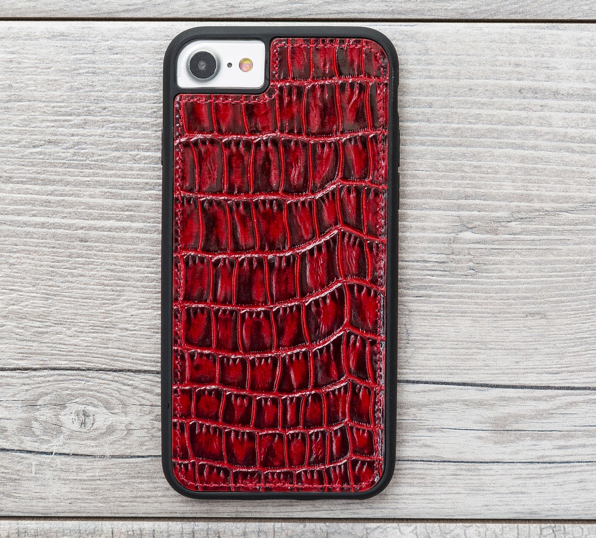 Red Croco Pattern Magnetic Genuine Leather Wallet Case for iPhone SE-2/7/8