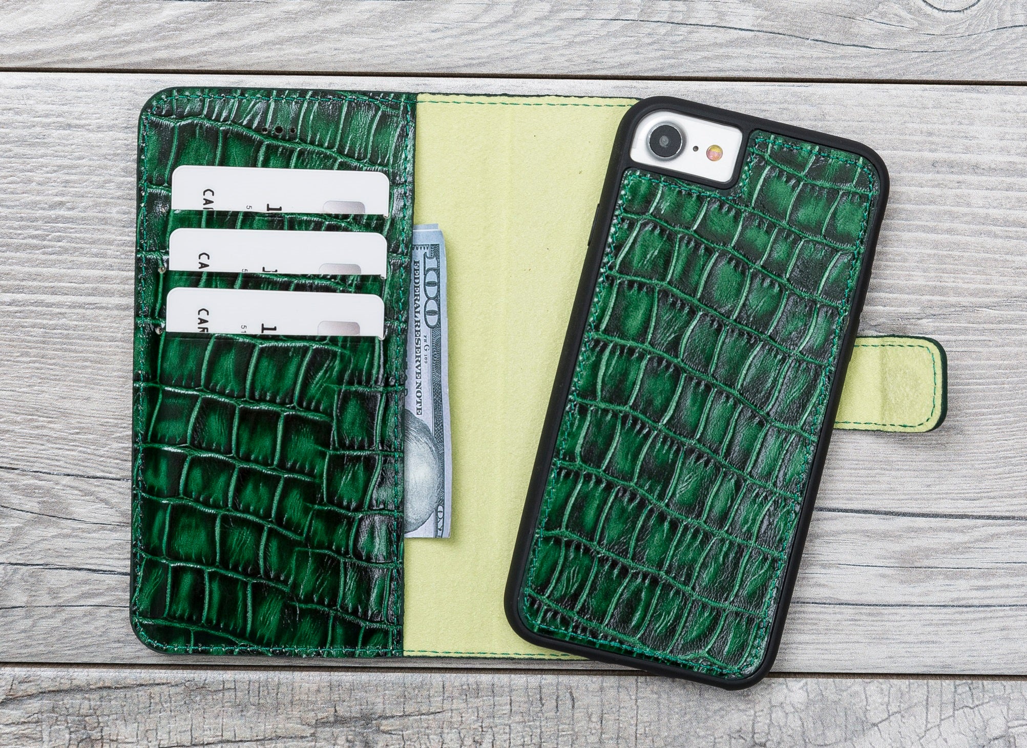 Green Croco Pattern Magnetic Genuine Leather Wallet Case for iPhone 7/8