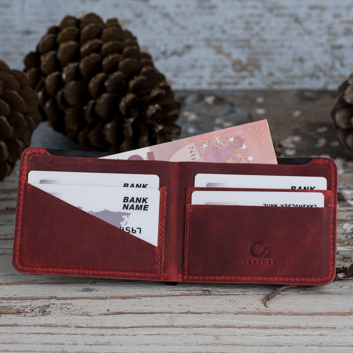 Red-Black Color Leather Slim Wallet