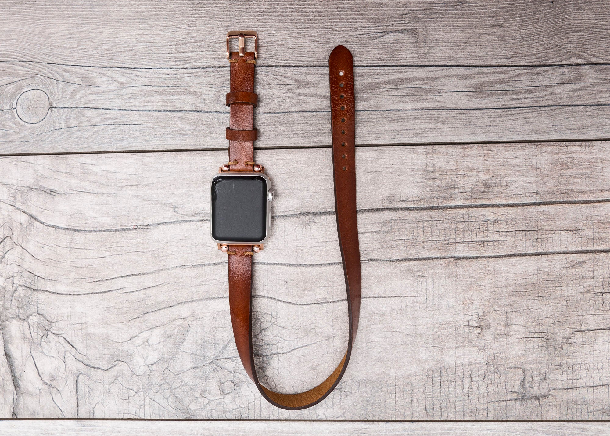 Brown Leather Double Tour Slim Apple Watch Band