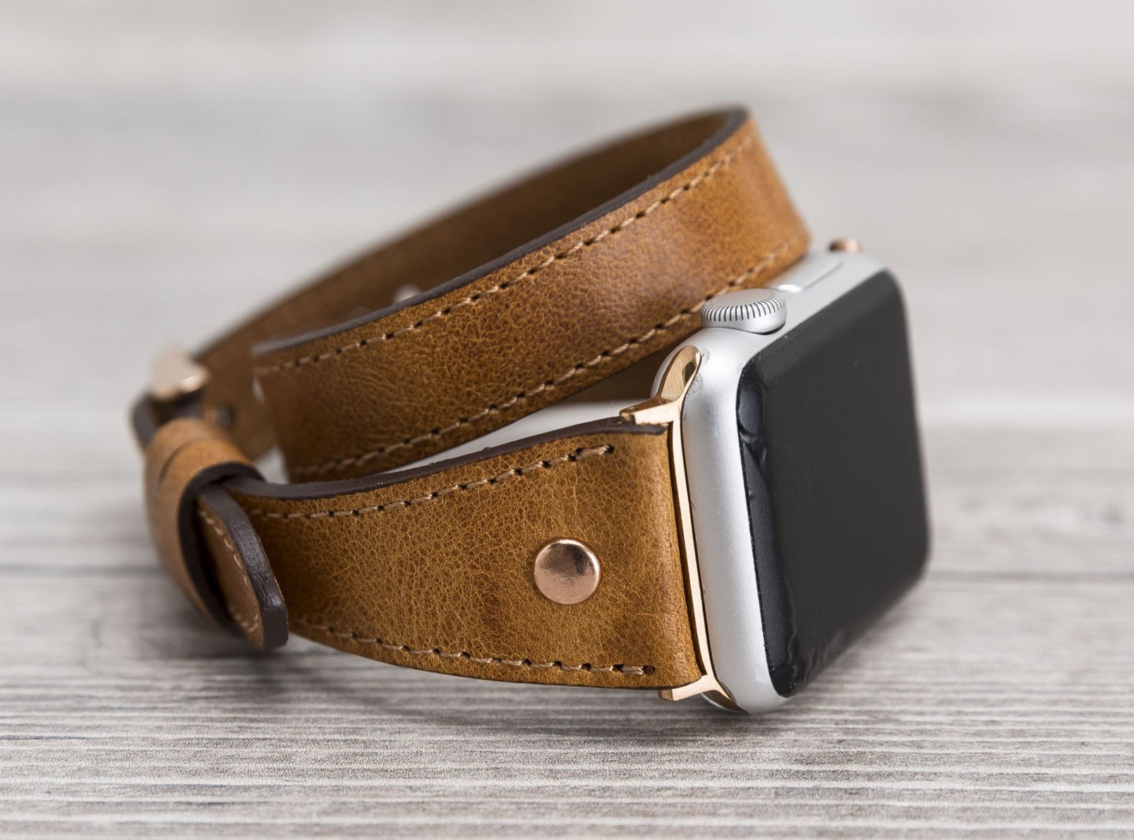 Camel Brown Leather Double Tour Slim Apple Watch Band (Gold Rivet)