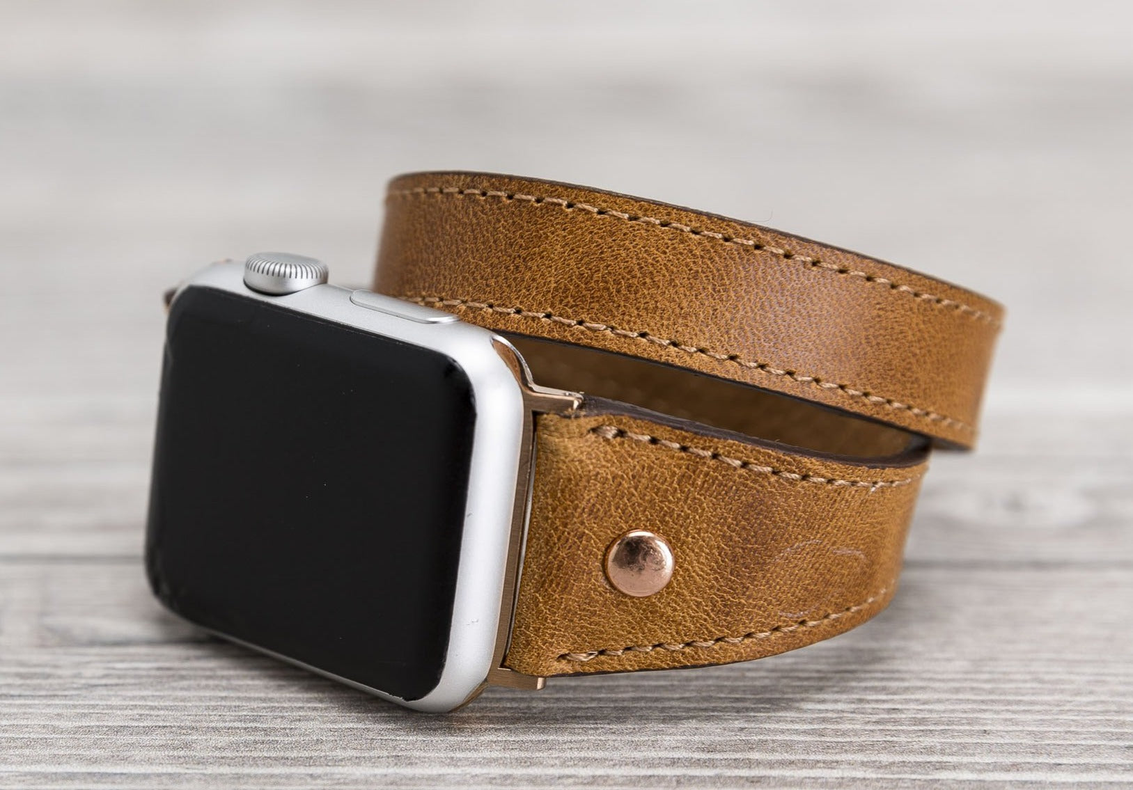 Camel Brown Leather Double Tour Slim Apple Watch Band (Gold Rivet)