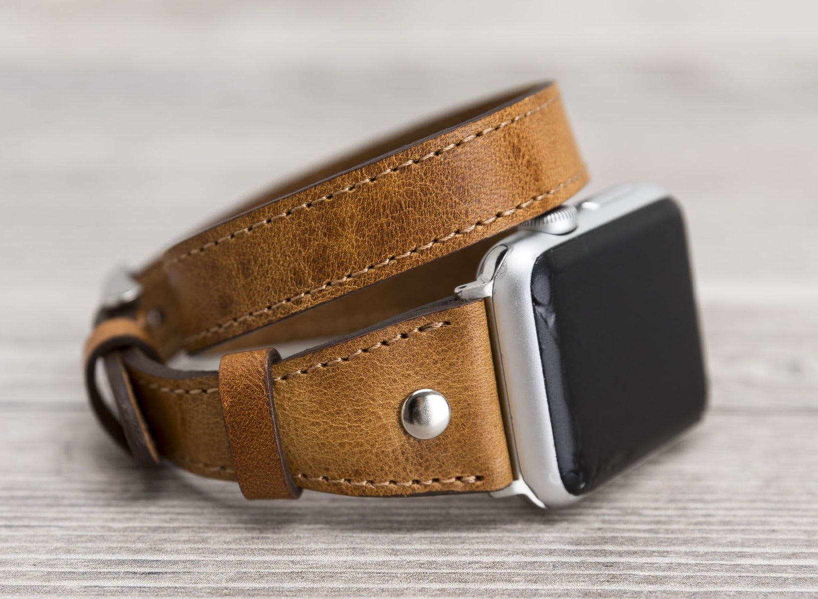 Camel Brown Leather Double Tour Slim Apple Watch Band (Silver Rivet)