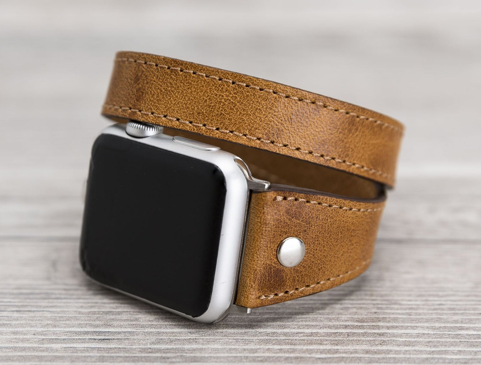 Camel Brown Leather Double Tour Slim Apple Watch Band (Silver Rivet)