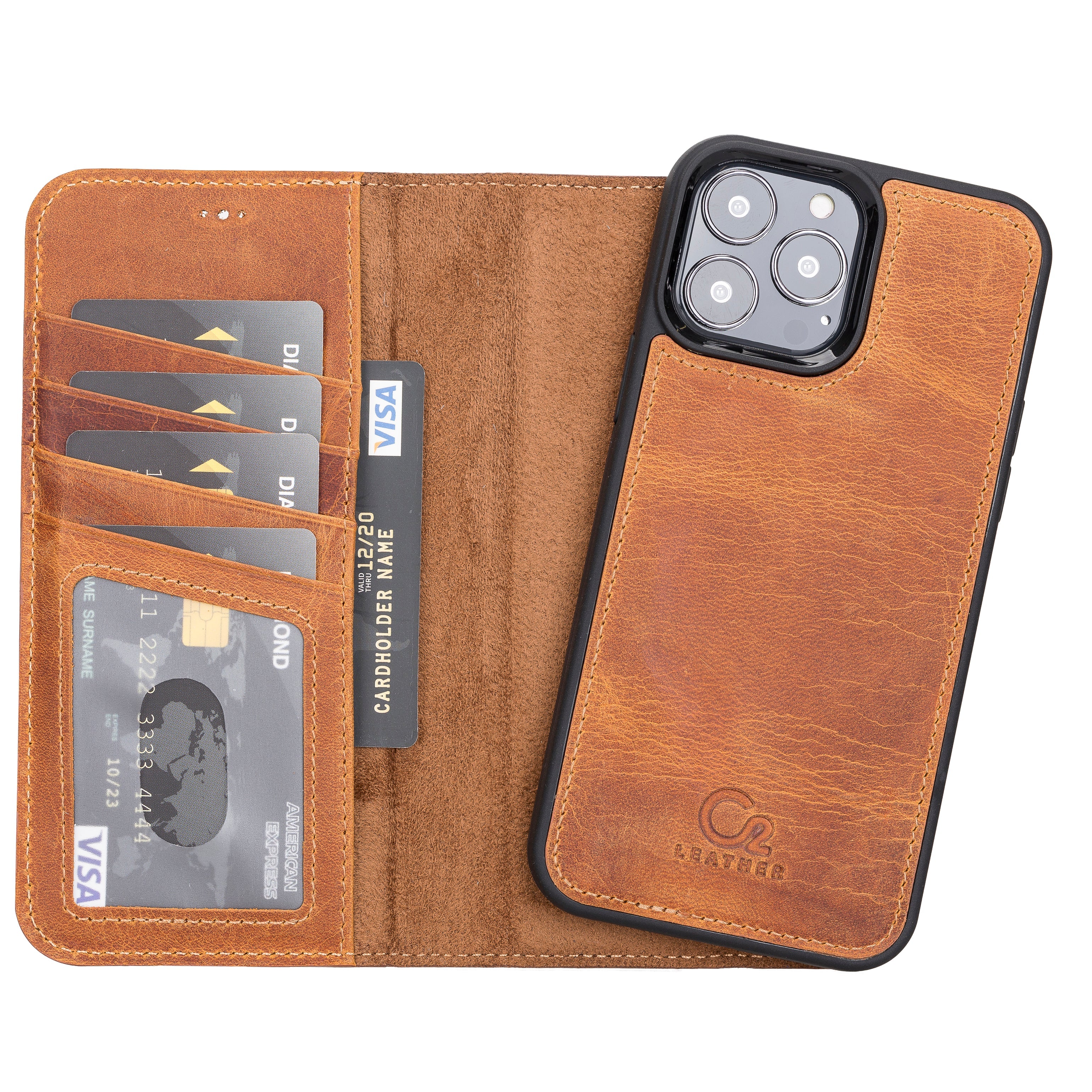 Camel Brown Leather iPhone 13 Pro Wallet Case - O2 Leather