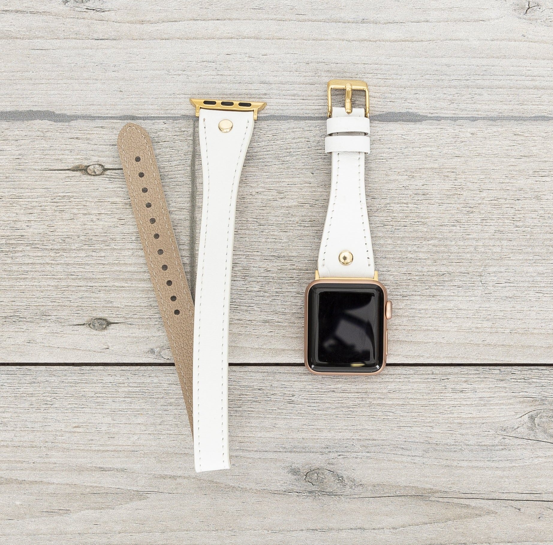 White Leather Double Tour Slim Apple Watch Band (Gold Rivet)