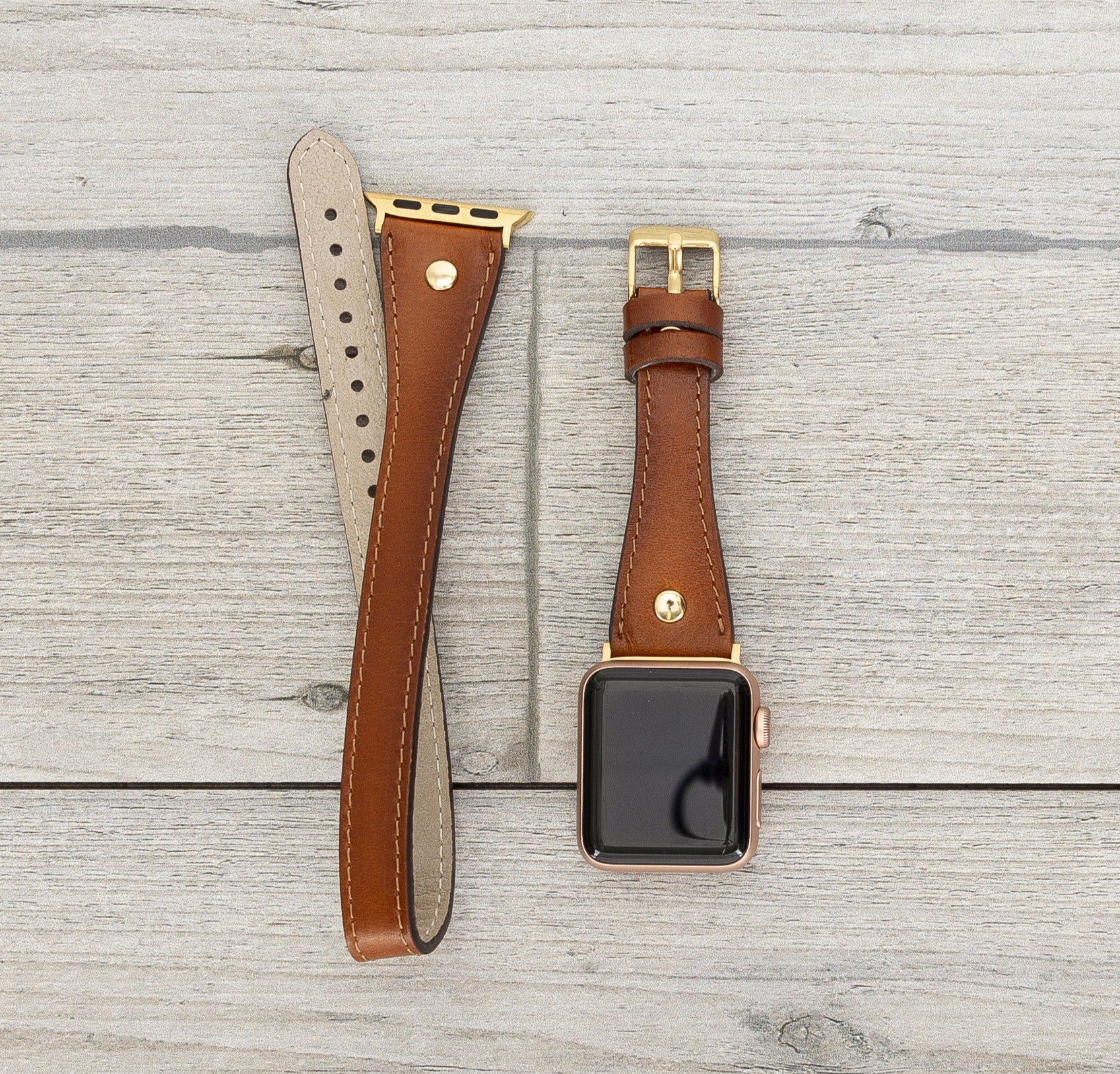 Burnished Tan Leather Double Tour Slim Apple Watch Band (Gold Rivet)