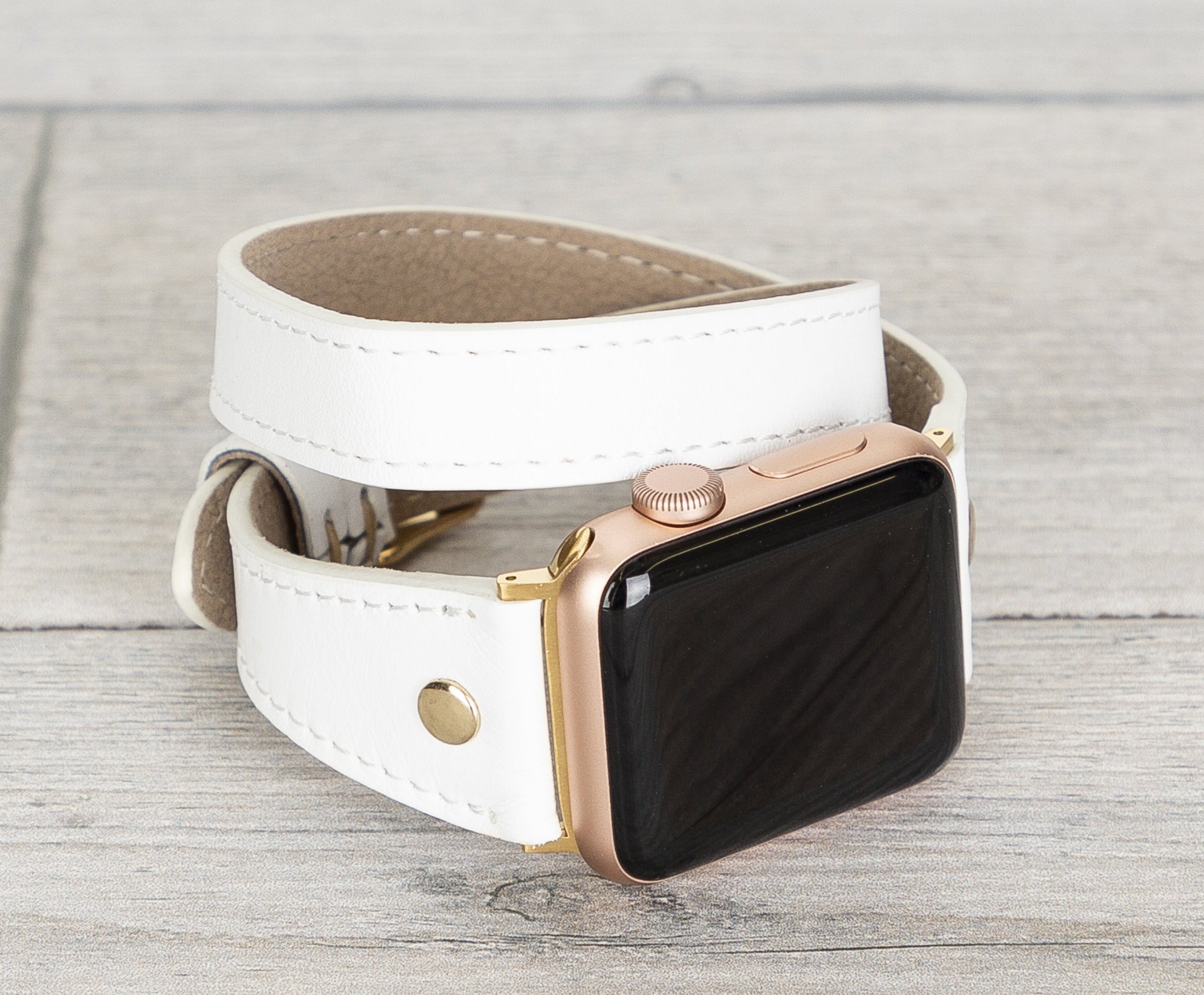 White Leather Double Tour Slim Apple Watch Band (Gold Rivet)