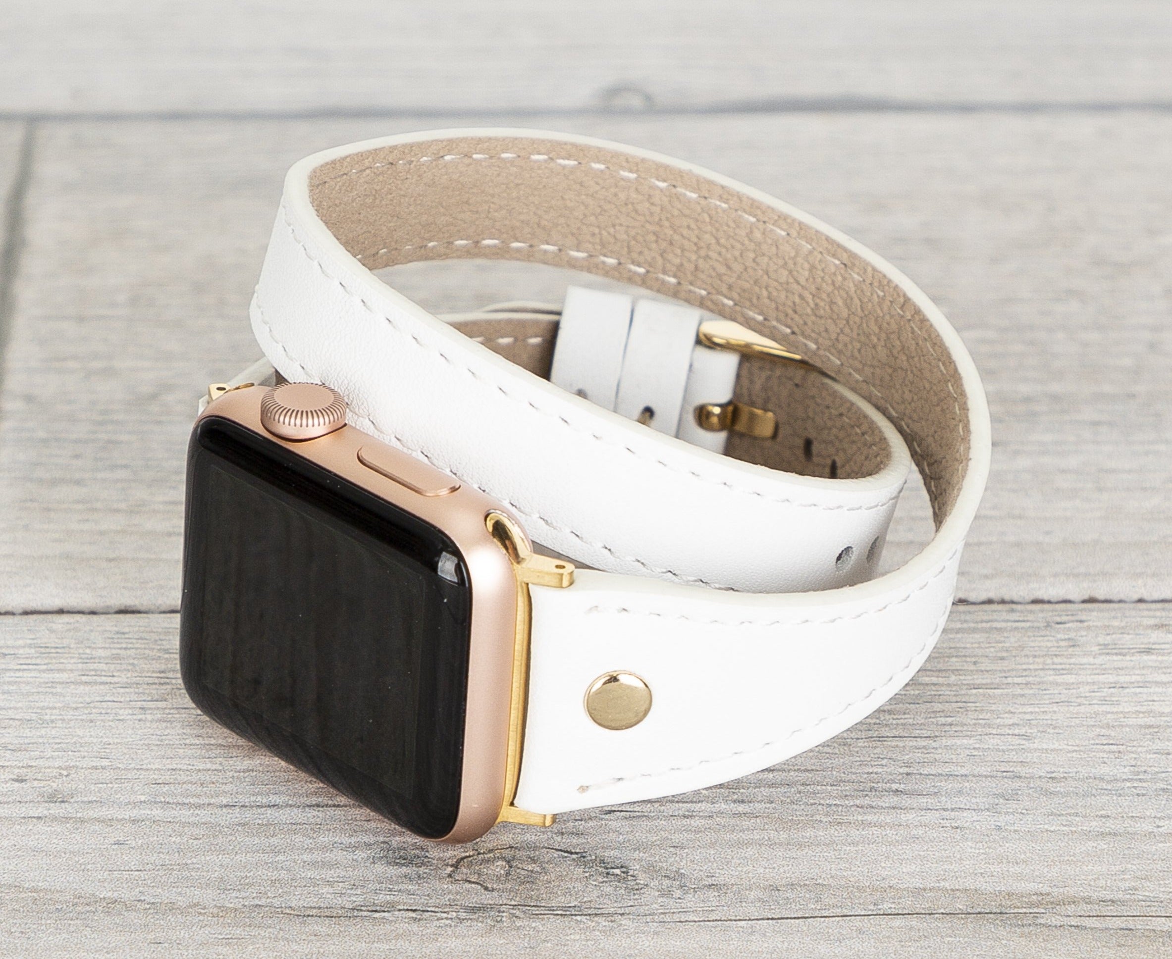 White Leather Double Tour Slim Apple Watch Band (Gold Rivet)