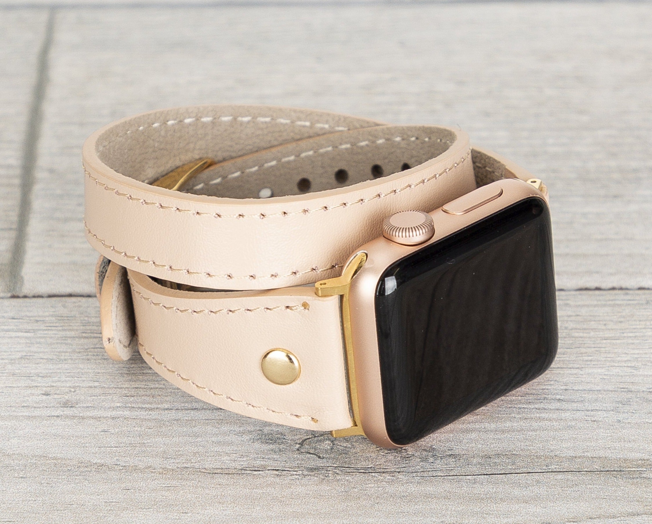 Nude Leather Double Tour Slim Apple Watch Band (Gold Rivet)