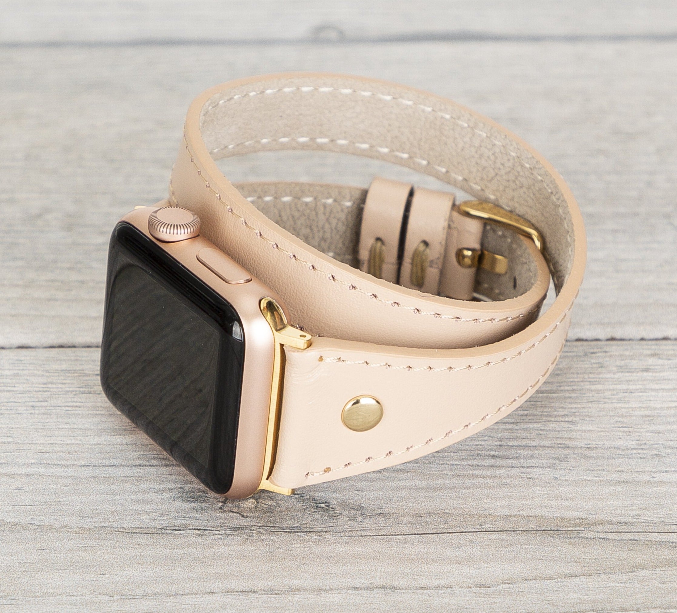 Nude Leather Double Tour Slim Apple Watch Band (Gold Rivet)