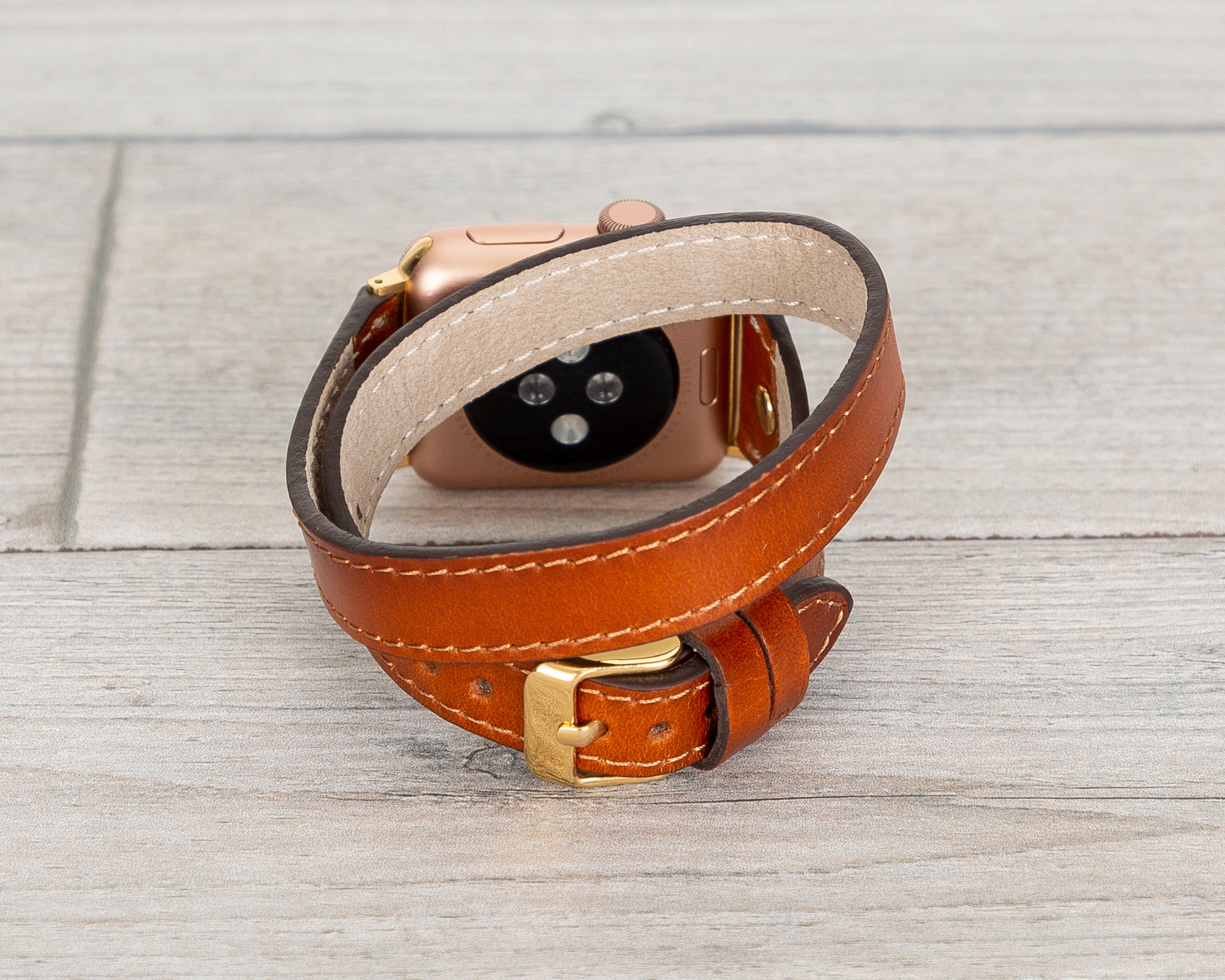 Burnished Tan Leather Double Tour Slim Apple Watch Band (Gold Rivet)