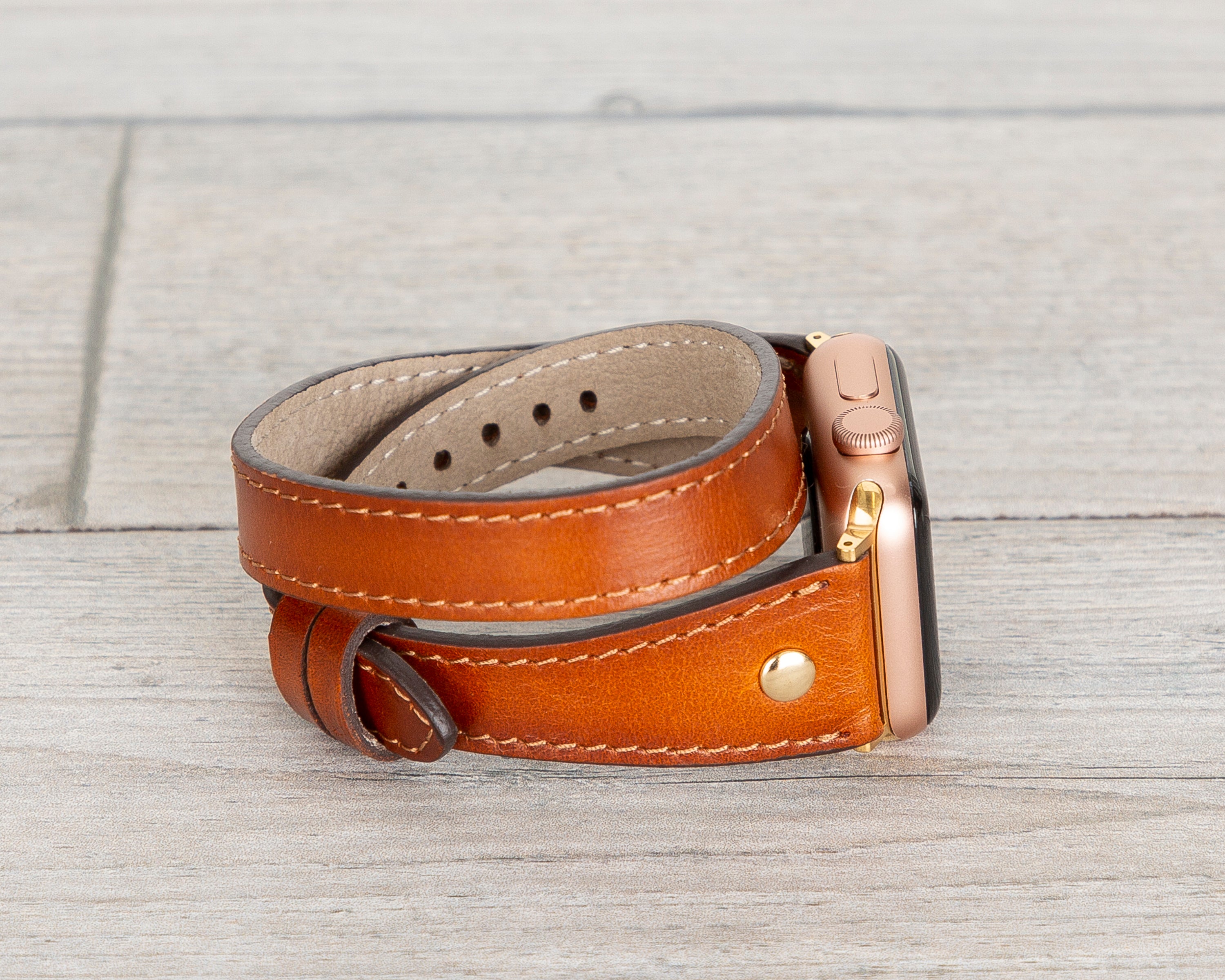 Burnished Tan Leather Double Tour Slim Apple Watch Band (Gold Rivet)