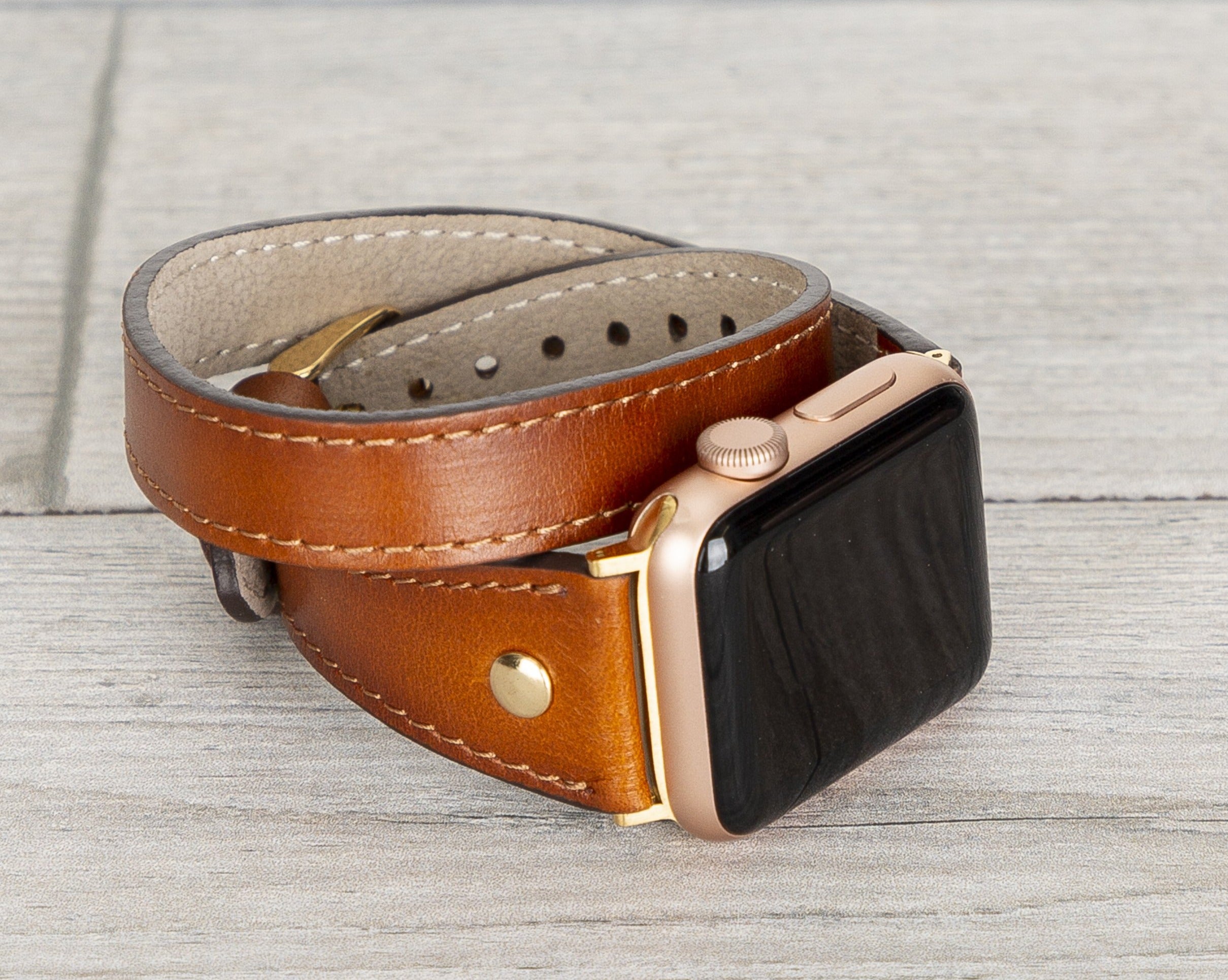 Burnished Tan Leather Double Tour Slim Apple Watch Band (Gold Rivet)