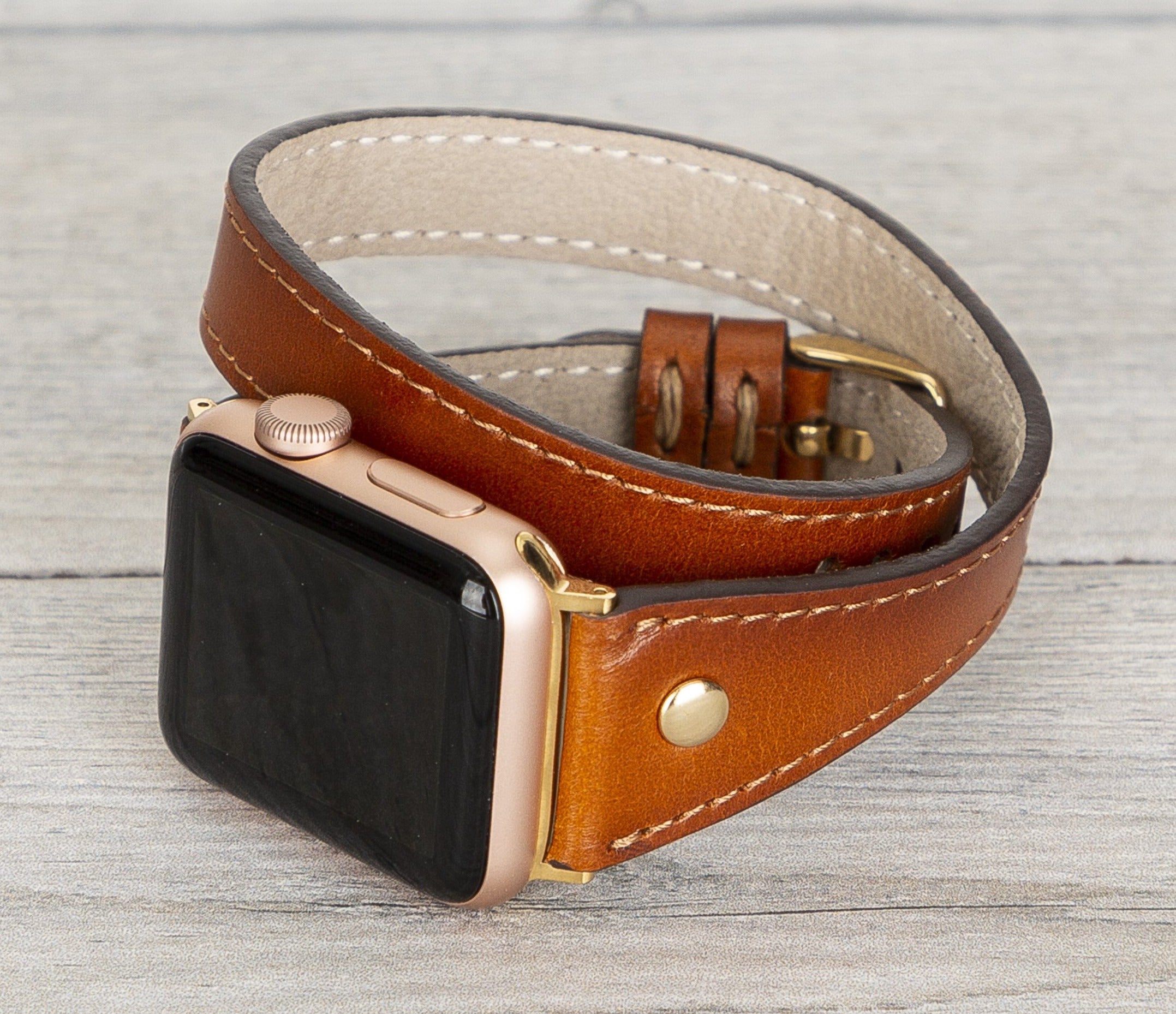 Burnished Tan Leather Double Tour Slim Apple Watch Band (Gold Rivet)