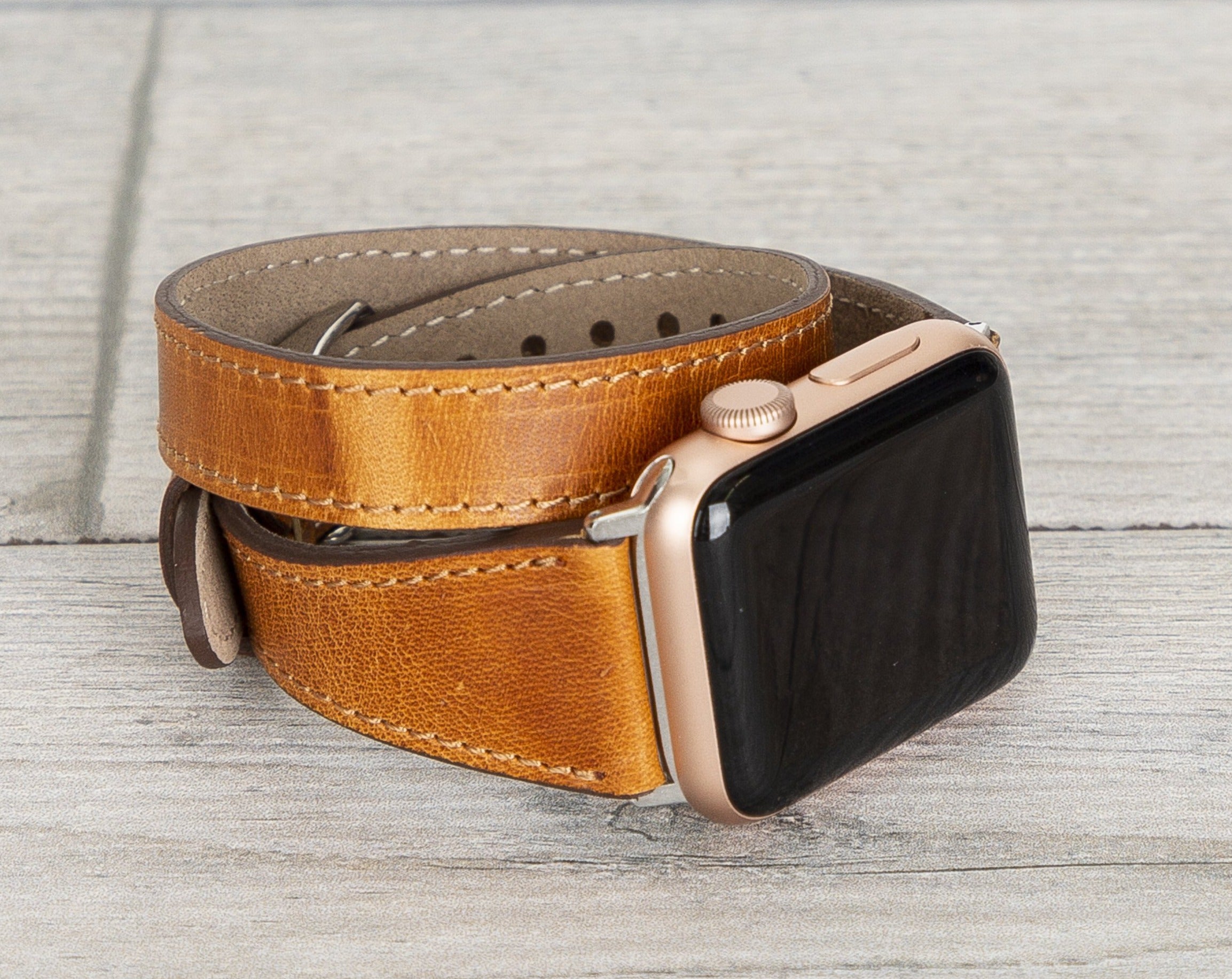 Camel Brown Leather Double Tour Slim Apple Watch Band