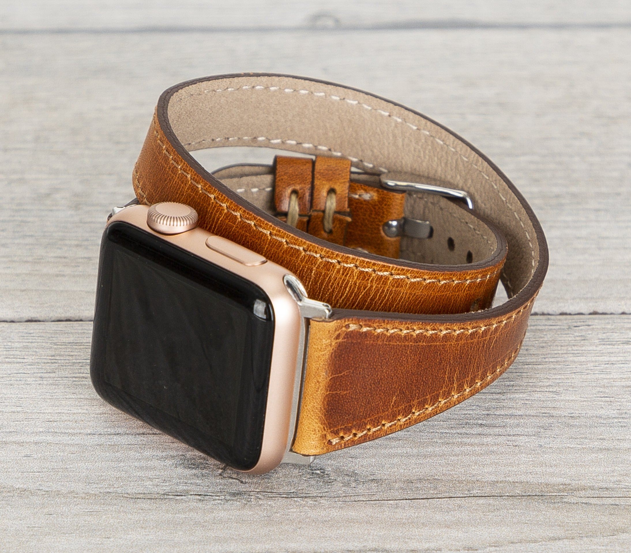 Camel Brown Leather Double Tour Slim Apple Watch Band