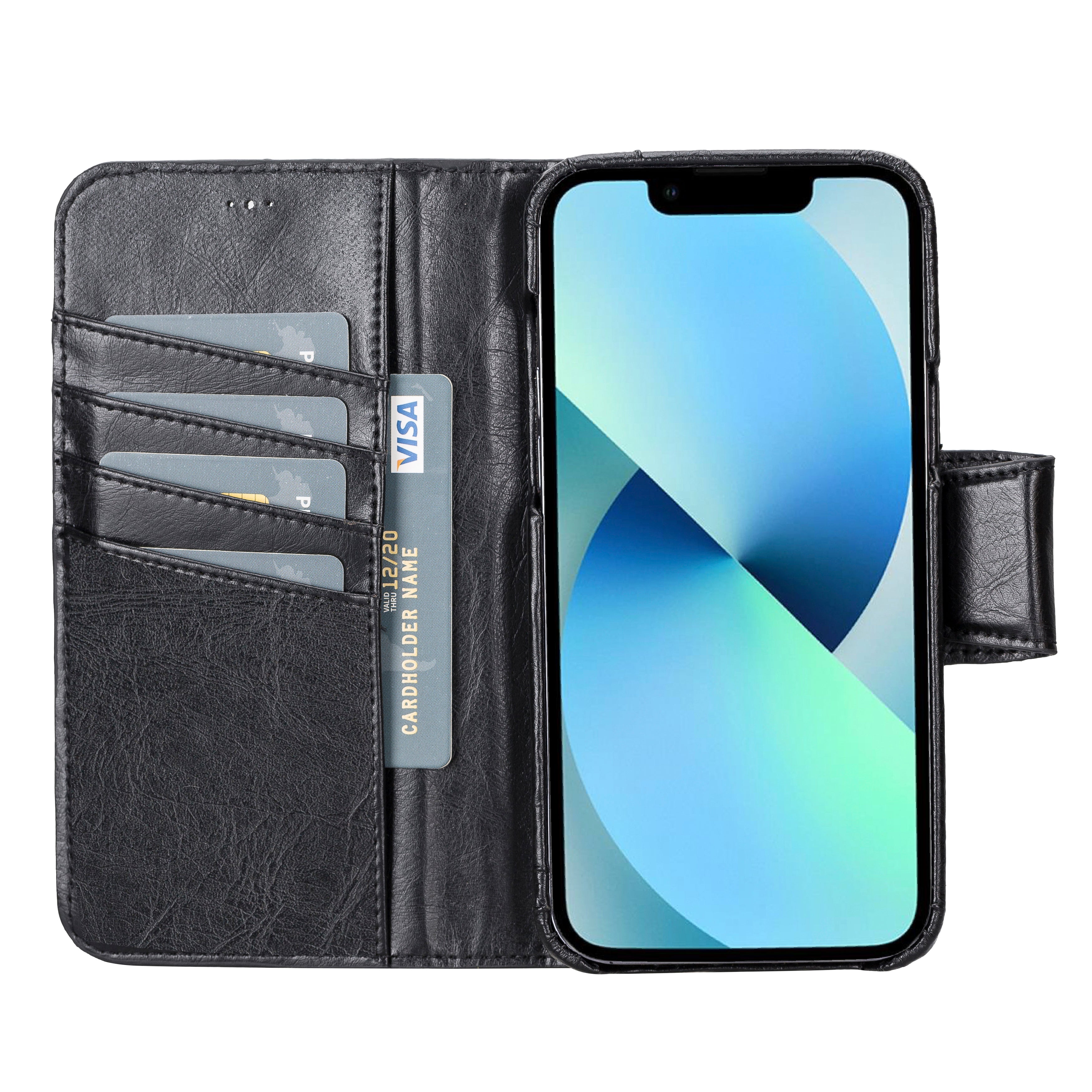 Black Leather Magnetic Wallet Case for iPhone 14 PRO (6.1"), Prestige