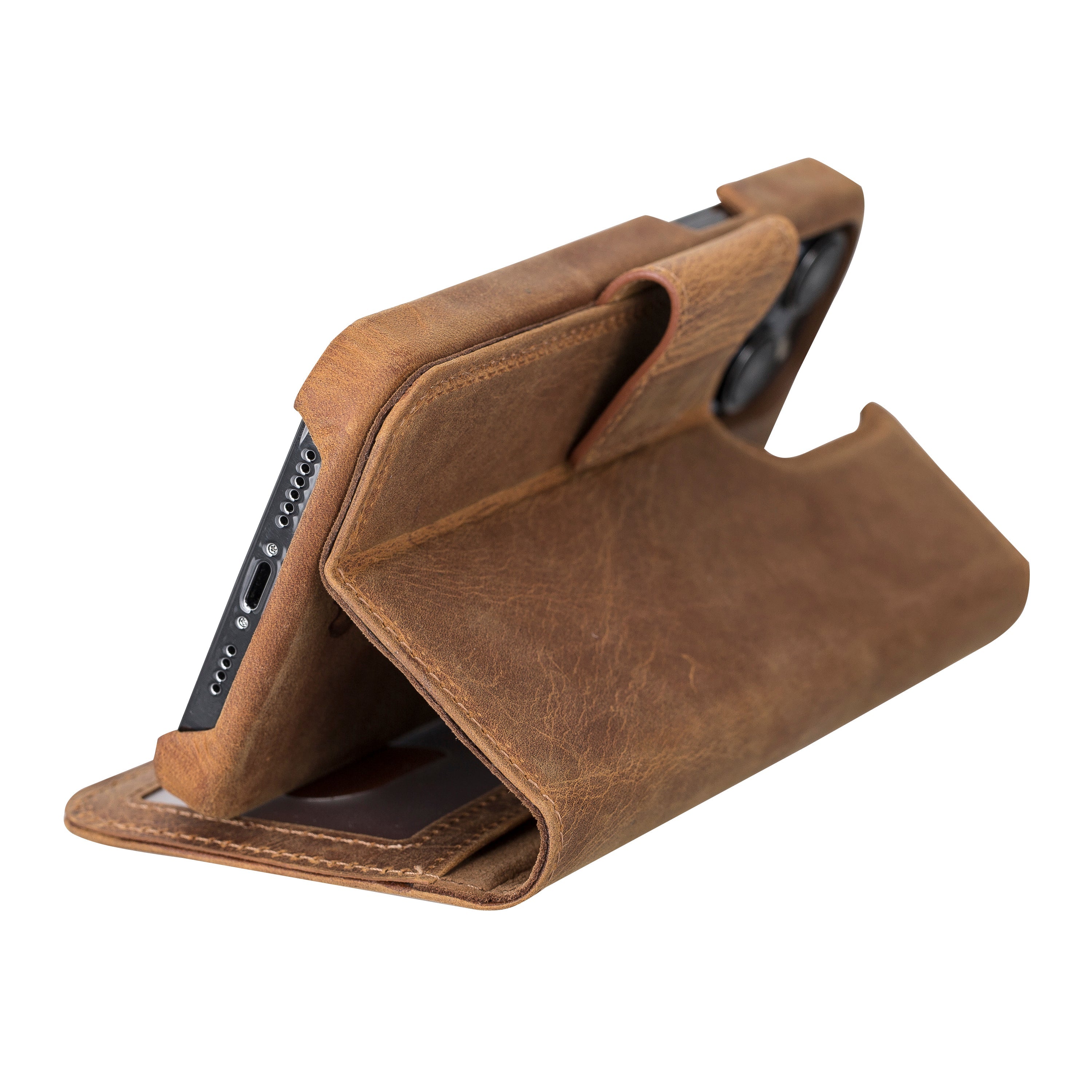 Antic Brown Leather Magnetic Wallet Case for iPhone 14 PLUS (6.7"), Prestige