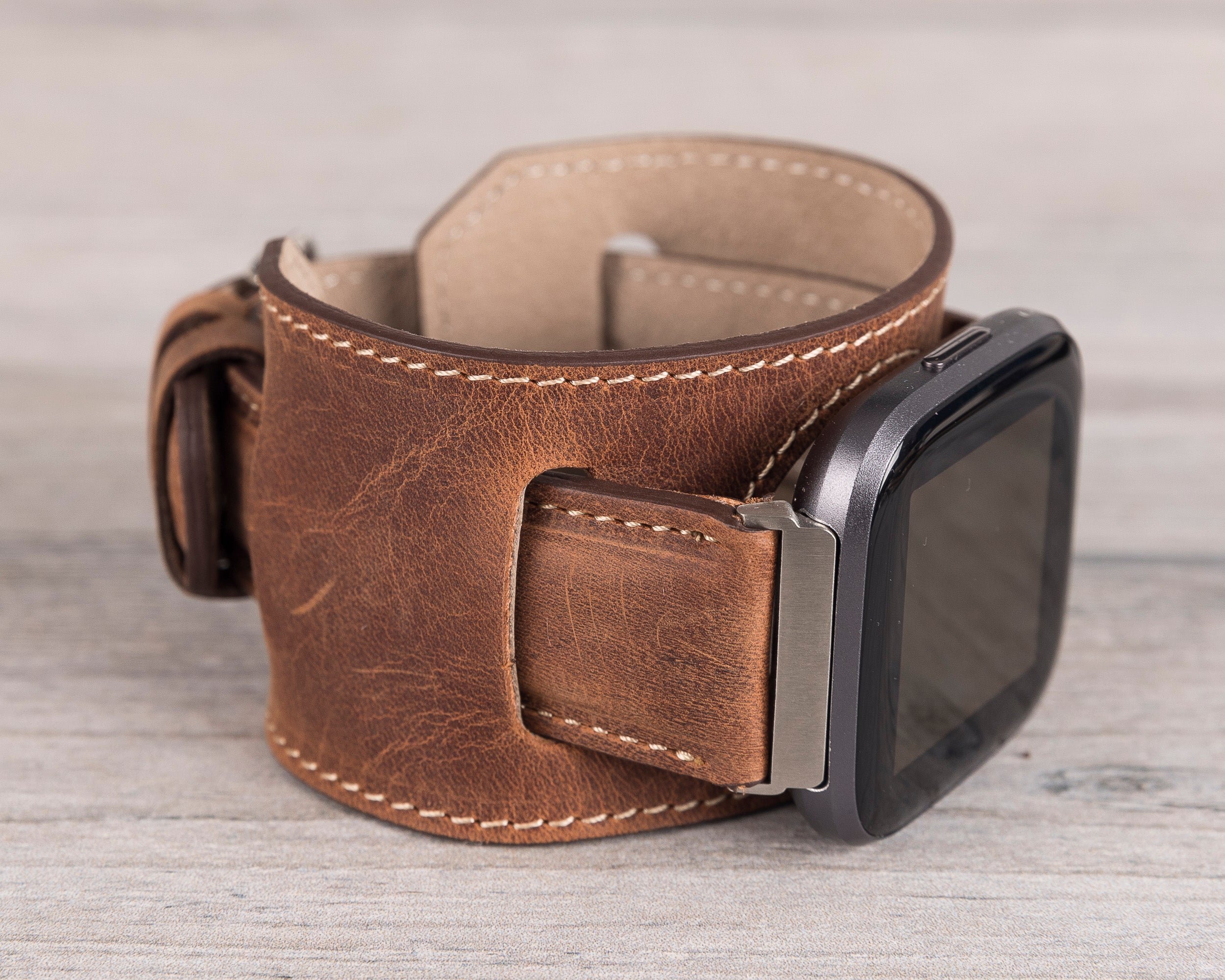 Antic Brown Leather Cuff Fitbit Watch Band