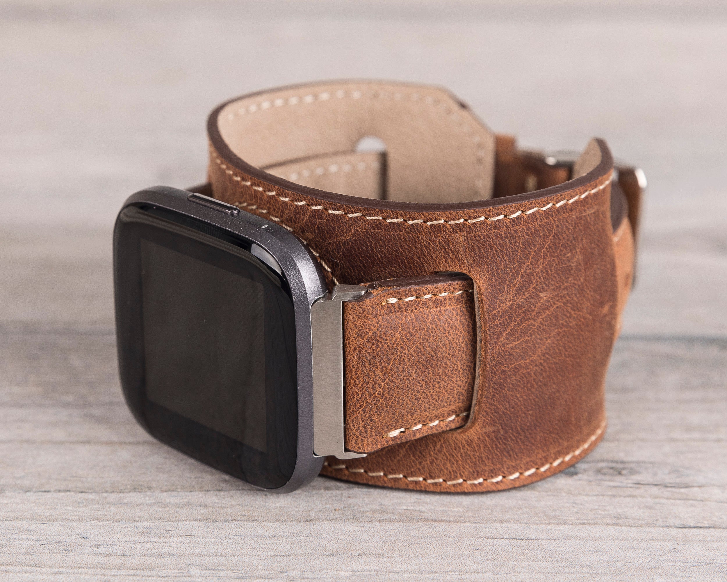 Antic Brown Leather Cuff Fitbit Watch Band