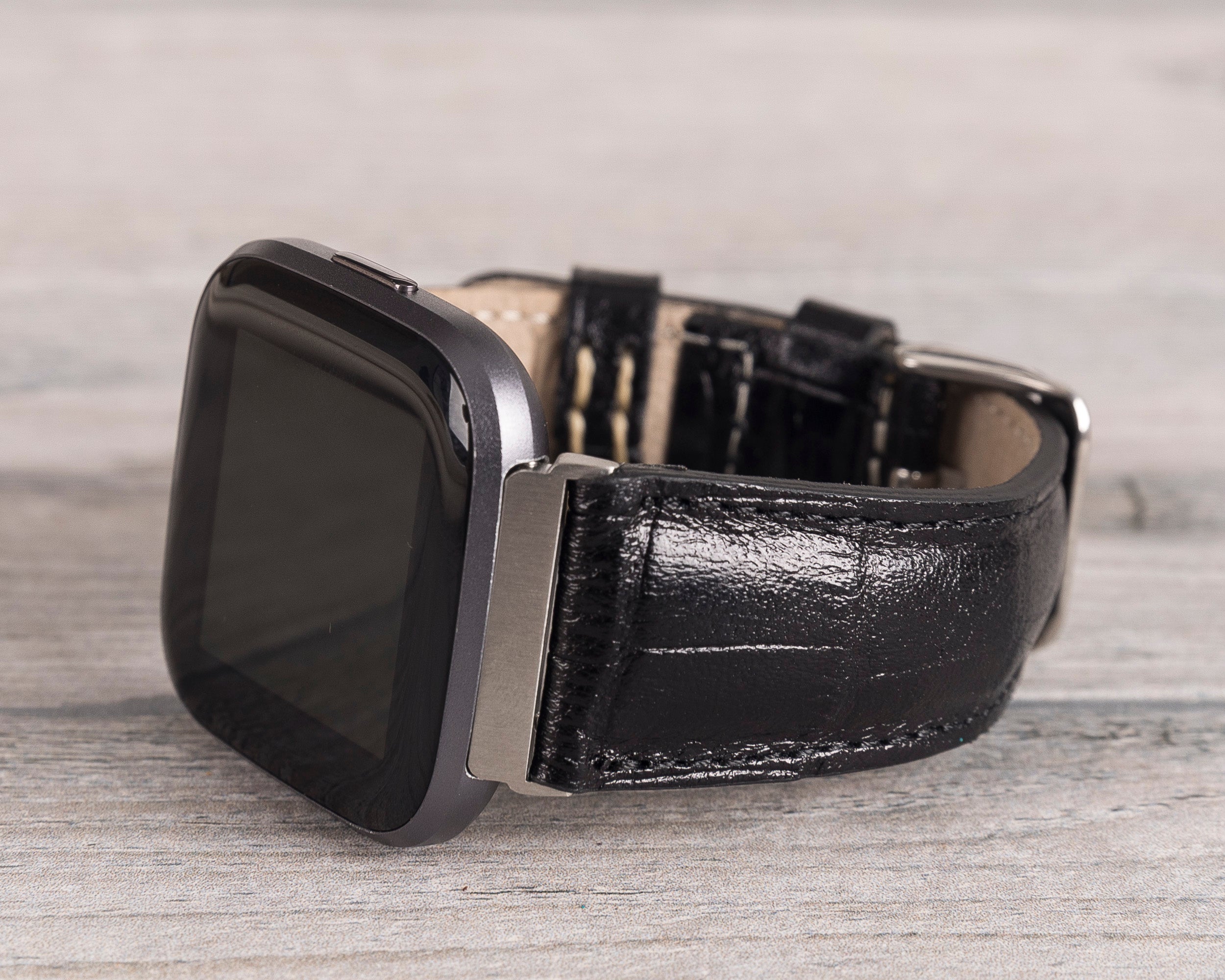 Black Croco Pattern Leather Classic Fitbit Watch Band