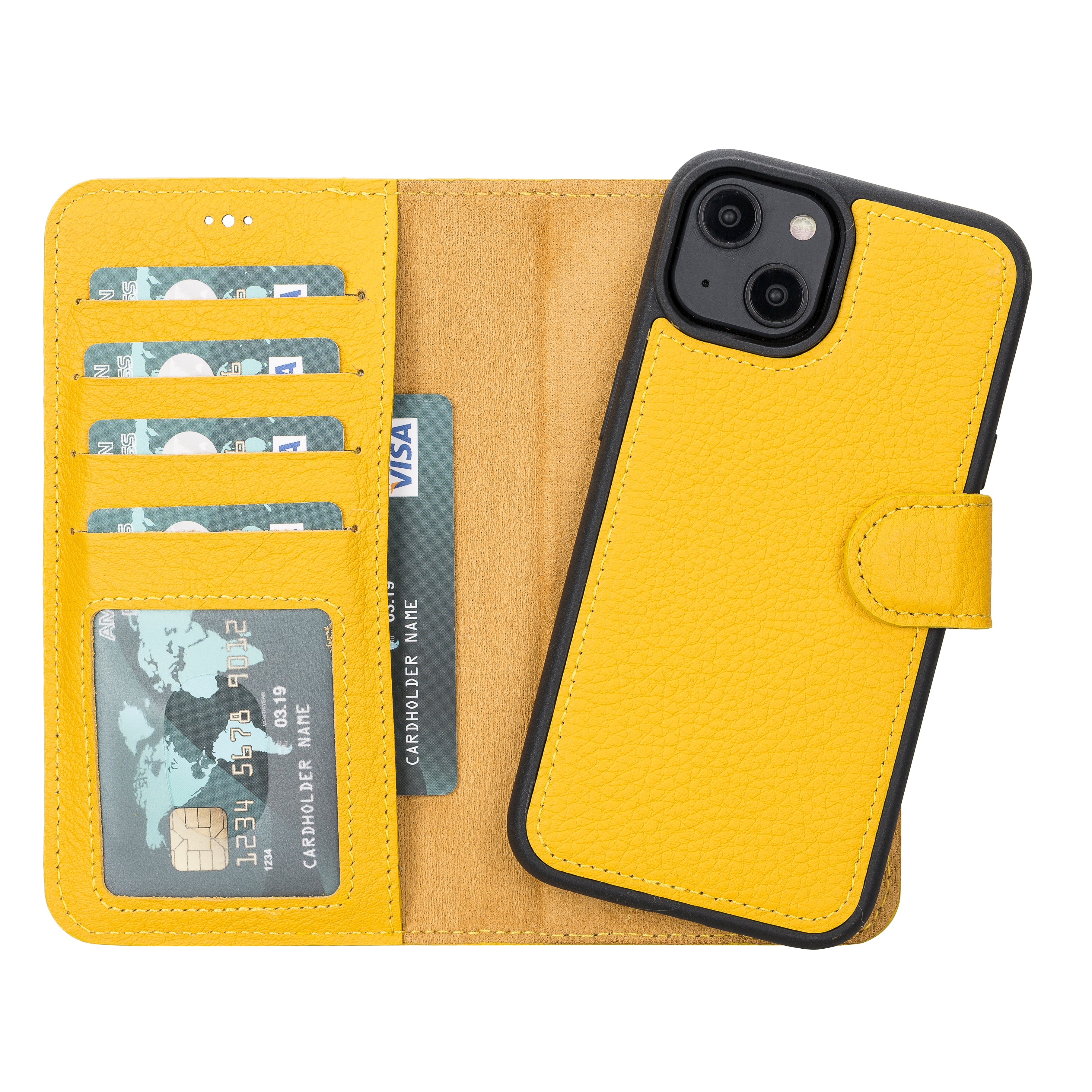 Yellow Leather Magnetic Wallet Case for iPhone 14 (6.1")