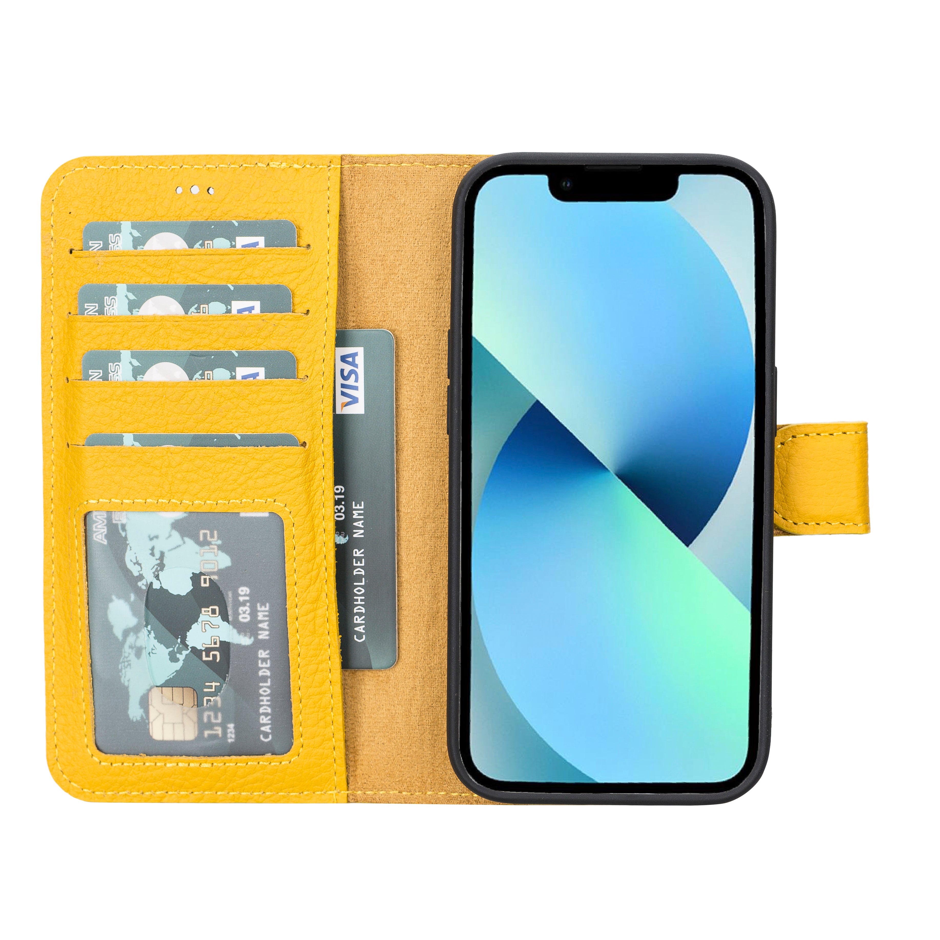 Yellow Leather Magnetic Wallet Case for iPhone 14 PRO (6.1")