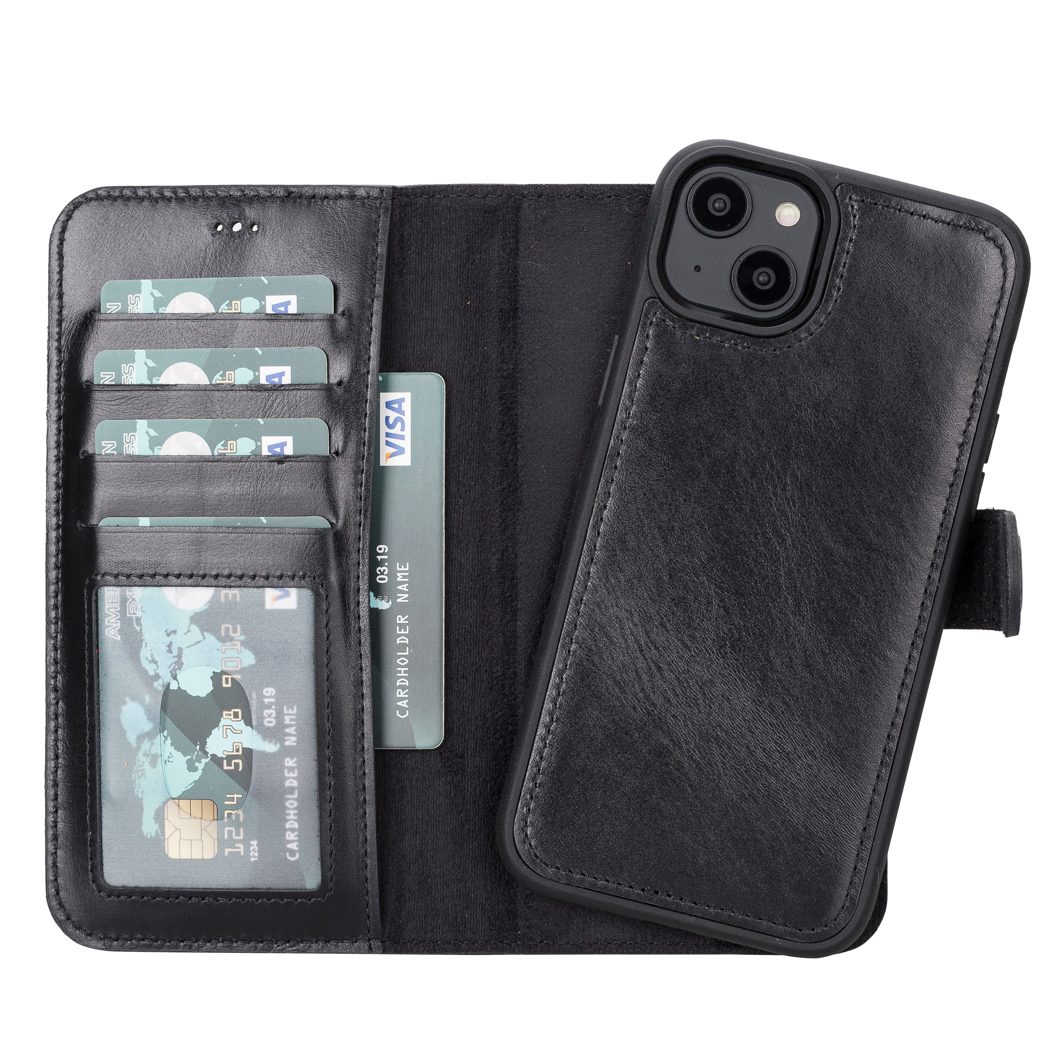 Black Leather Magnetic Wallet Case for iPhone 14 PLUS (6.7")