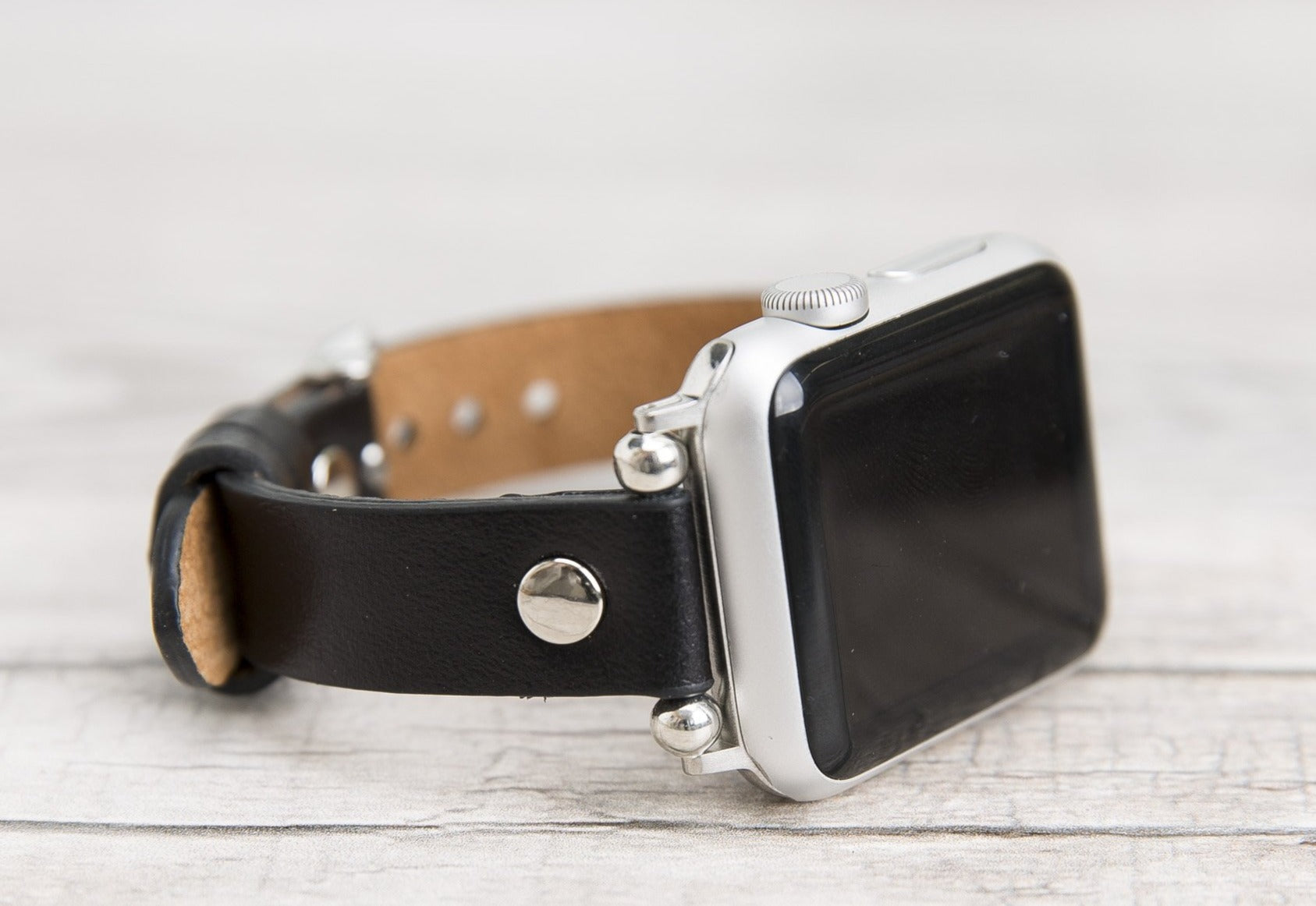 Black Leather Ultra Slim Apple Watch Band (Silver Rivet)