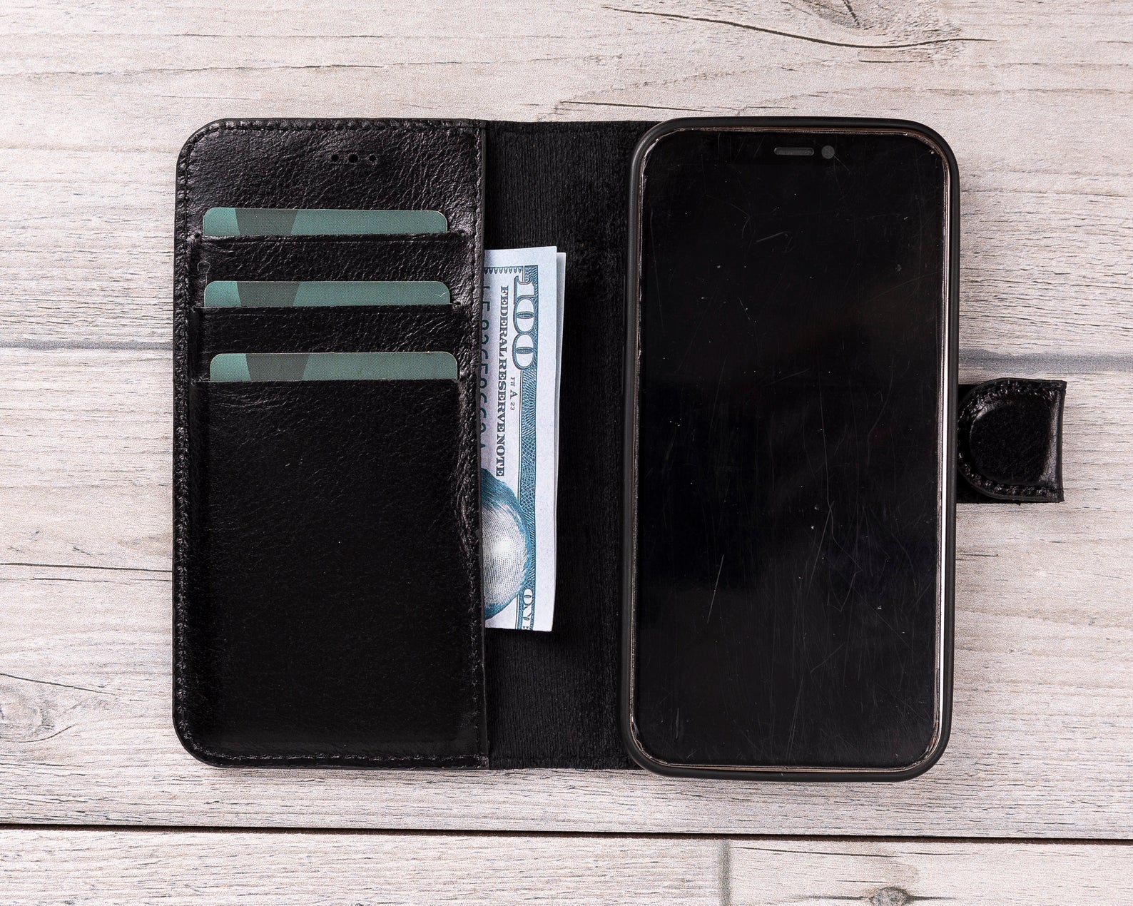 Black Leather Magnetic Wallet Case for iPhone 12 Mini (5.4")