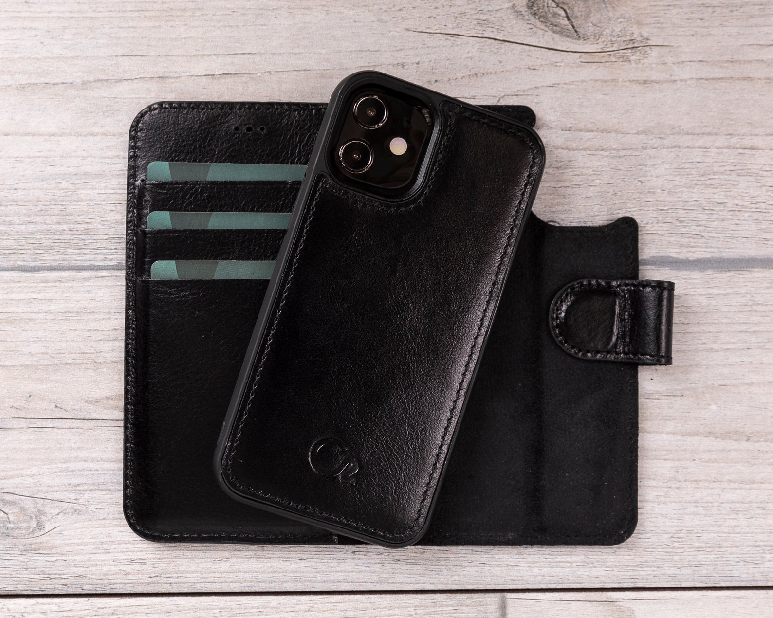 Black Leather Magnetic Wallet Case for iPhone 12 Mini (5.4")