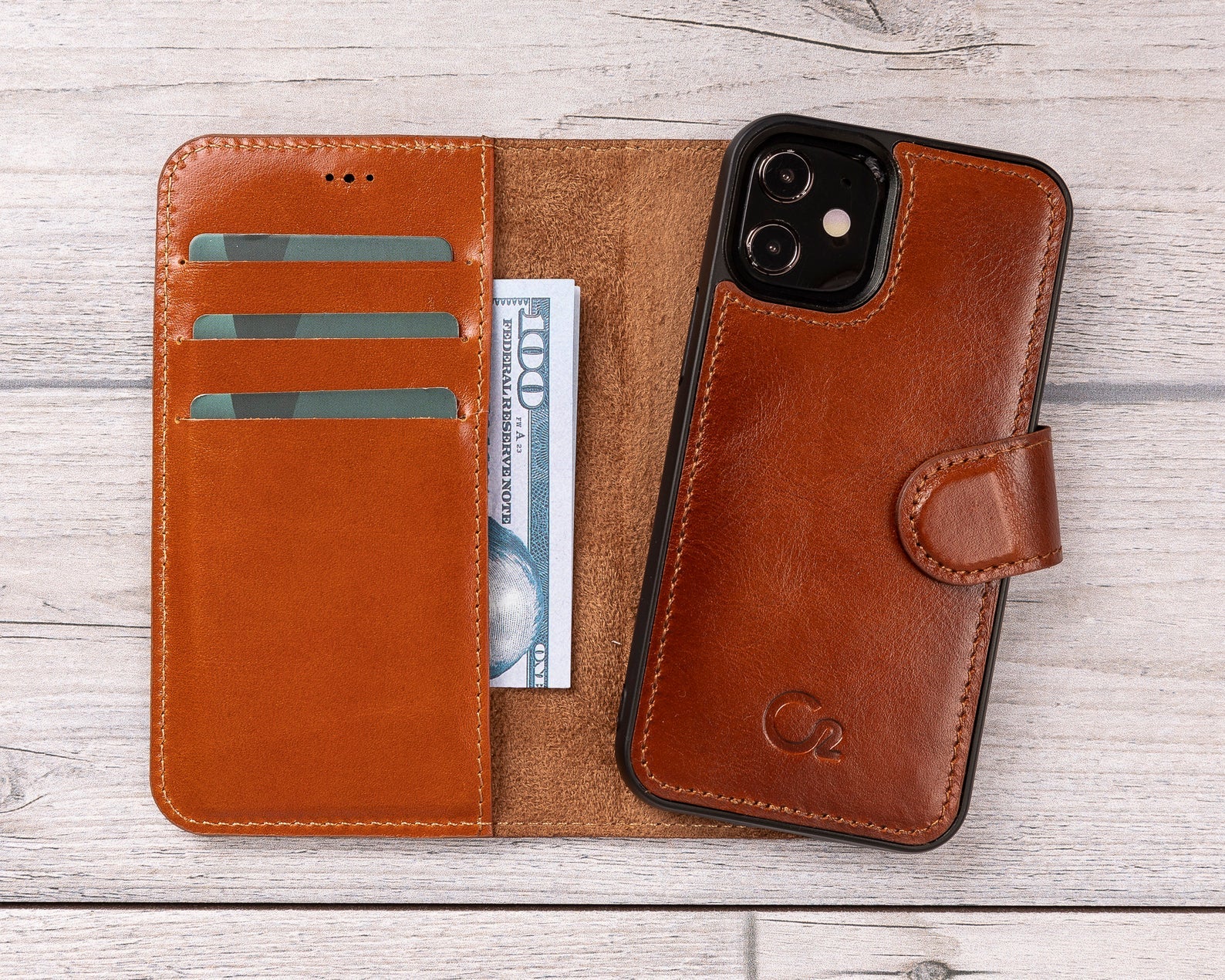 Burnished Tan Leather Magnetic Wallet Case for iPhone 12 Mini (5.4")