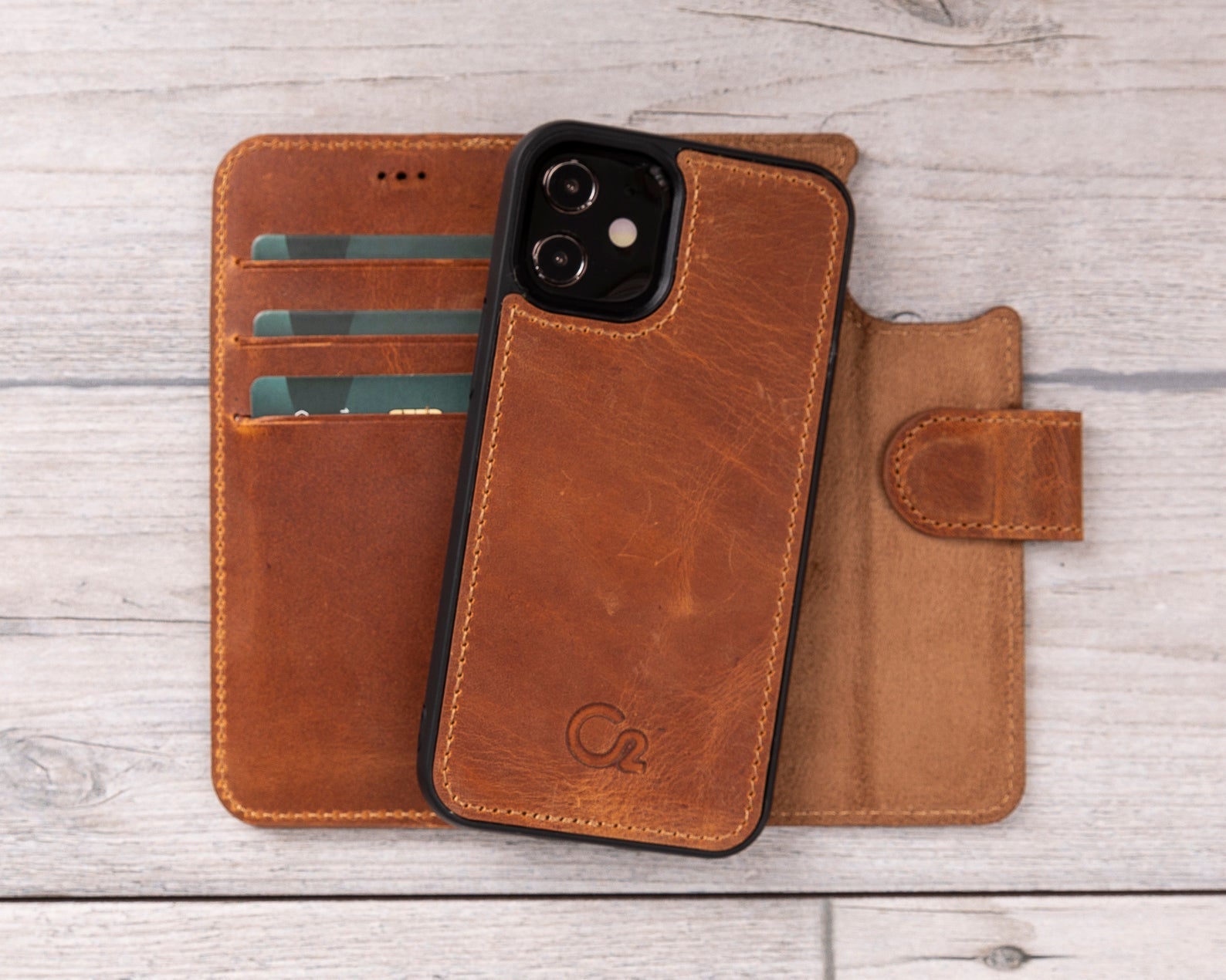 Camel Brown Leather Magnetic Wallet Case for iPhone 12 Mini (5.4")