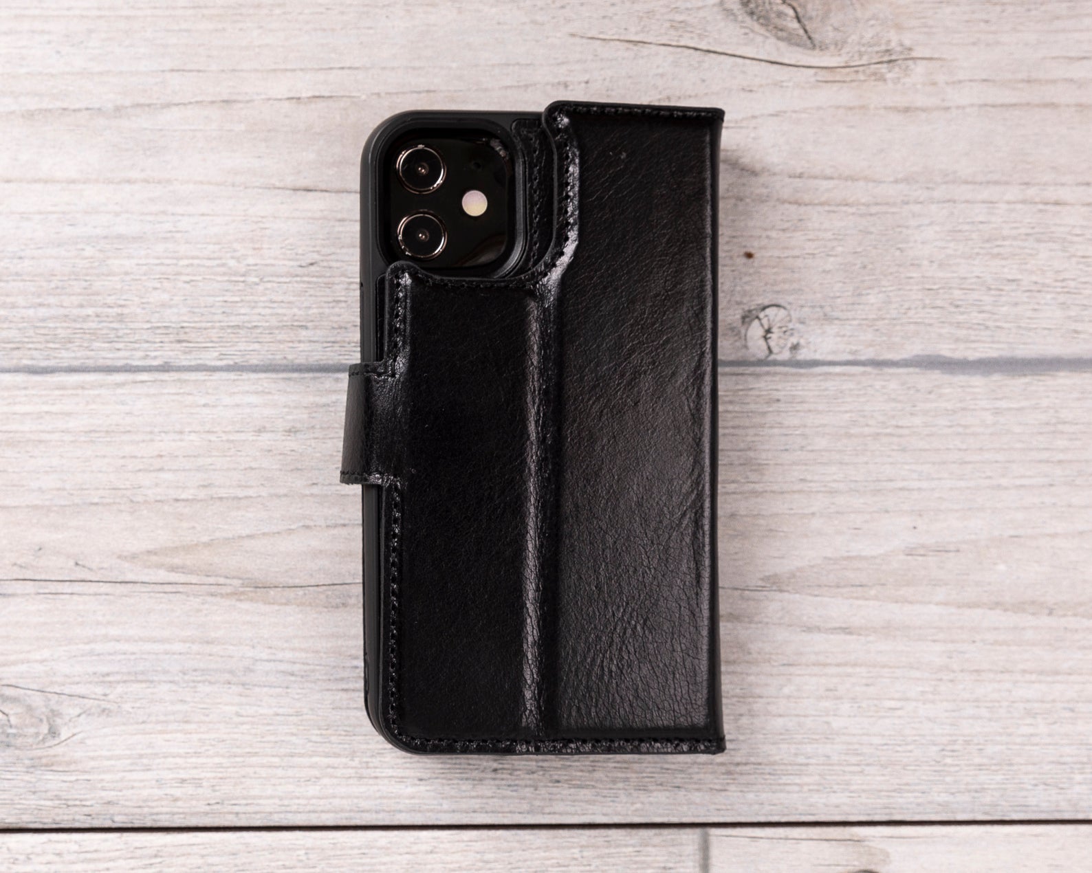 Black Leather Magnetic Wallet Case for iPhone 12 Mini (5.4")