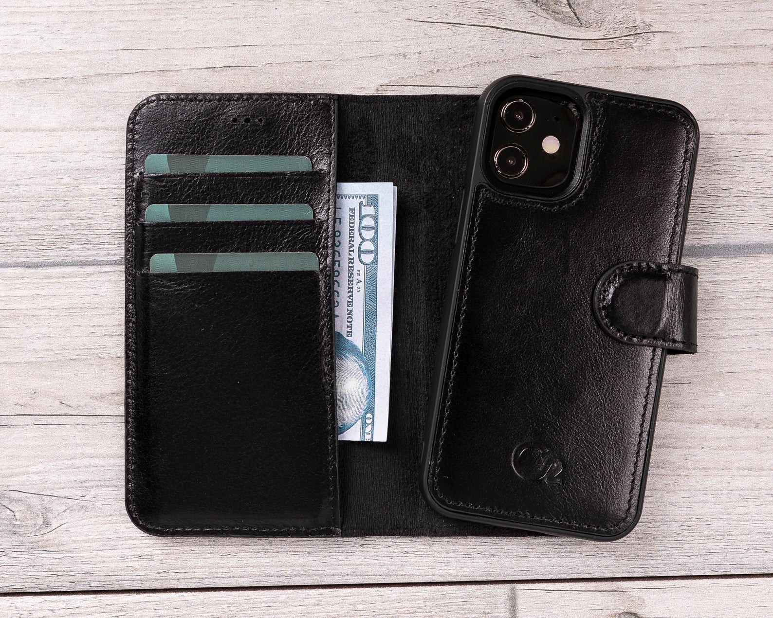 Black Leather Magnetic Wallet Case for iPhone 12 Mini (5.4")