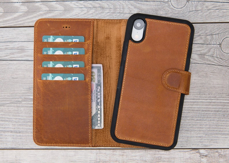 Camel Brown Genuine Leather Magnetic Wallet Case for iPhone XS Max