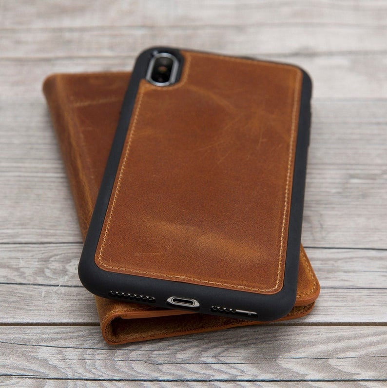 Camel Brown Genuine Leather Magnetic Wallet Case for iPhone XS Max