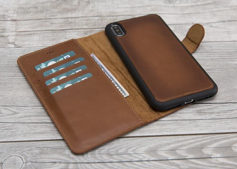 Burnished Brown Genuine Leather Magnetic Wallet Case for iPhone XS Max