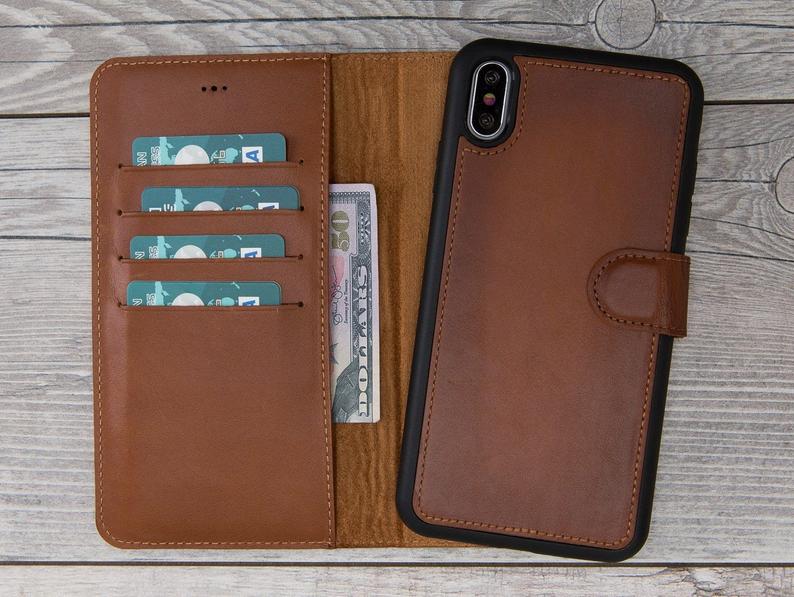 Burnished Brown Genuine Leather Magnetic Wallet Case for iPhone XS Max