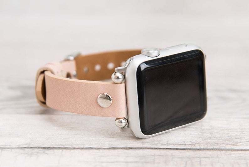 Nude Pink Leather Ultra Slim Apple Watch Band (Silver Rivet)