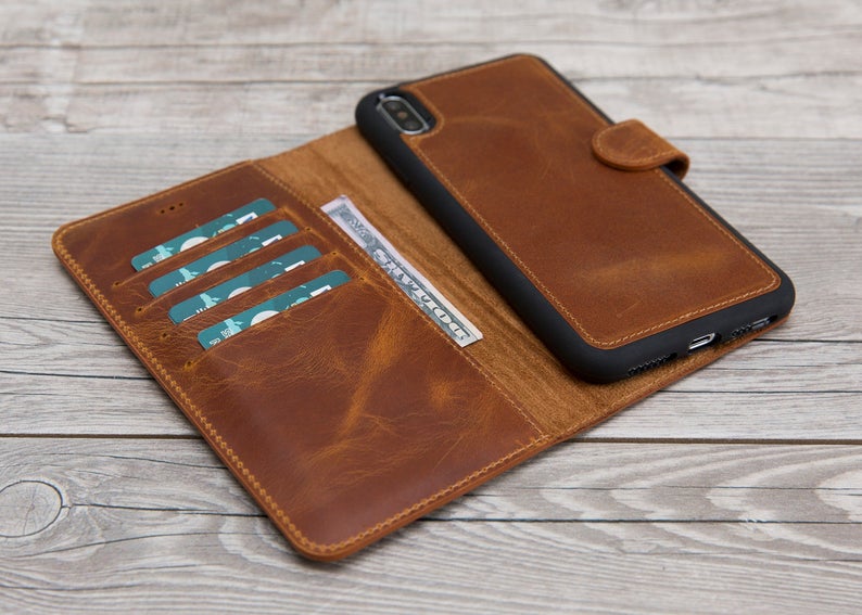 Camel Brown Genuine Leather Magnetic Wallet Case for iPhone XS Max