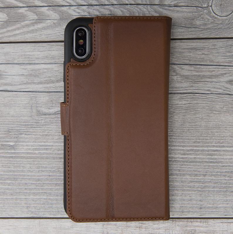 Burnished Brown Genuine Leather Magnetic Wallet Case for iPhone XS Max