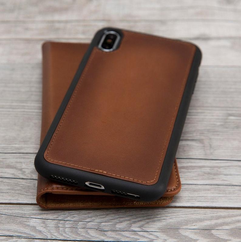 Burnished Brown Genuine Leather Magnetic Wallet Case for iPhone XS Max