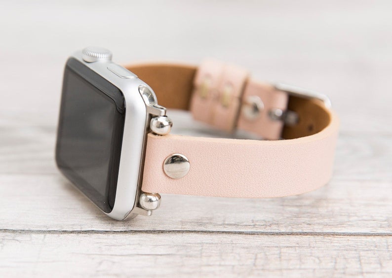 Nude Pink Leather Ultra Slim Apple Watch Band (Silver Rivet)