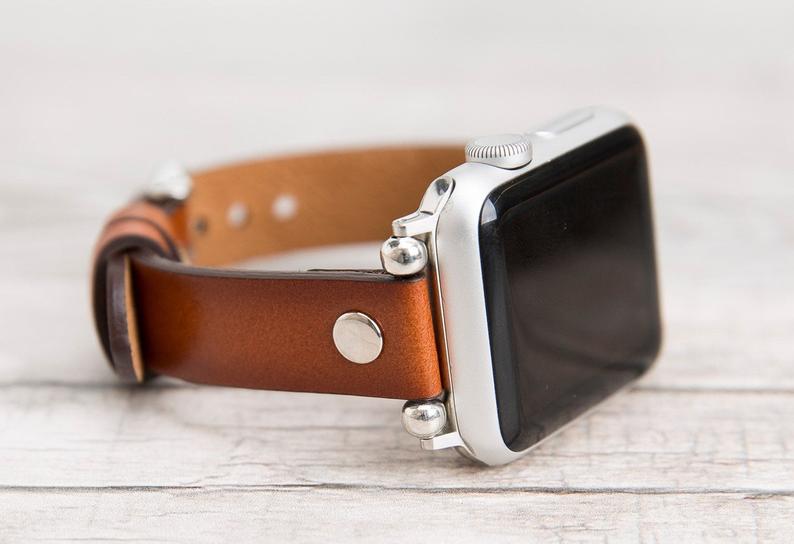 Brown Leather Ultra Slim Apple Watch Band (Silver Rivet)