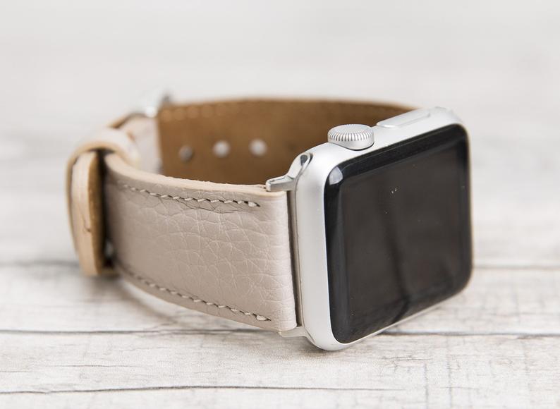 Leather Apple Watch Strap - Natural, Cream / Polished Silver / 42/44/45mm
