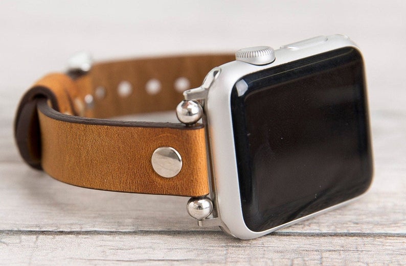 Camel Leather Ultra Slim Apple Watch Band (Silver Rivet)