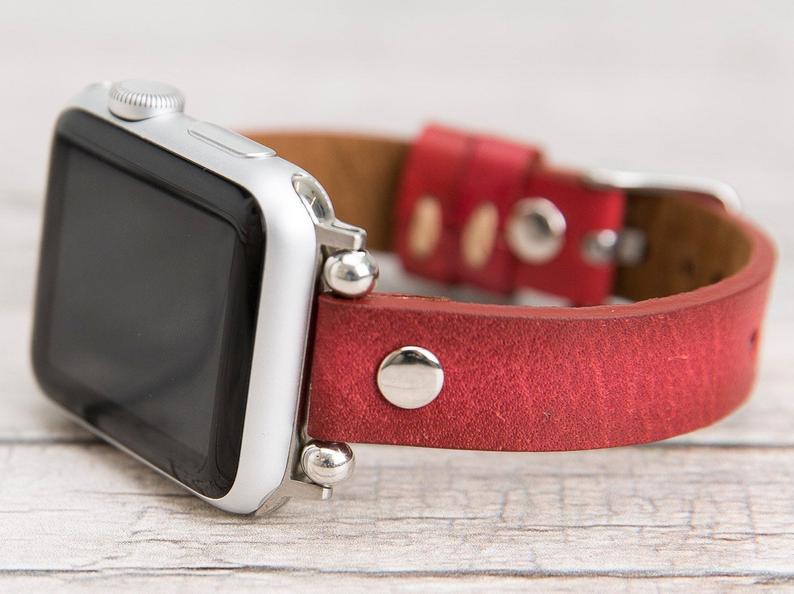 Burnished Red Leather Ultra Slim Apple Watch Band (Silver Rivet)